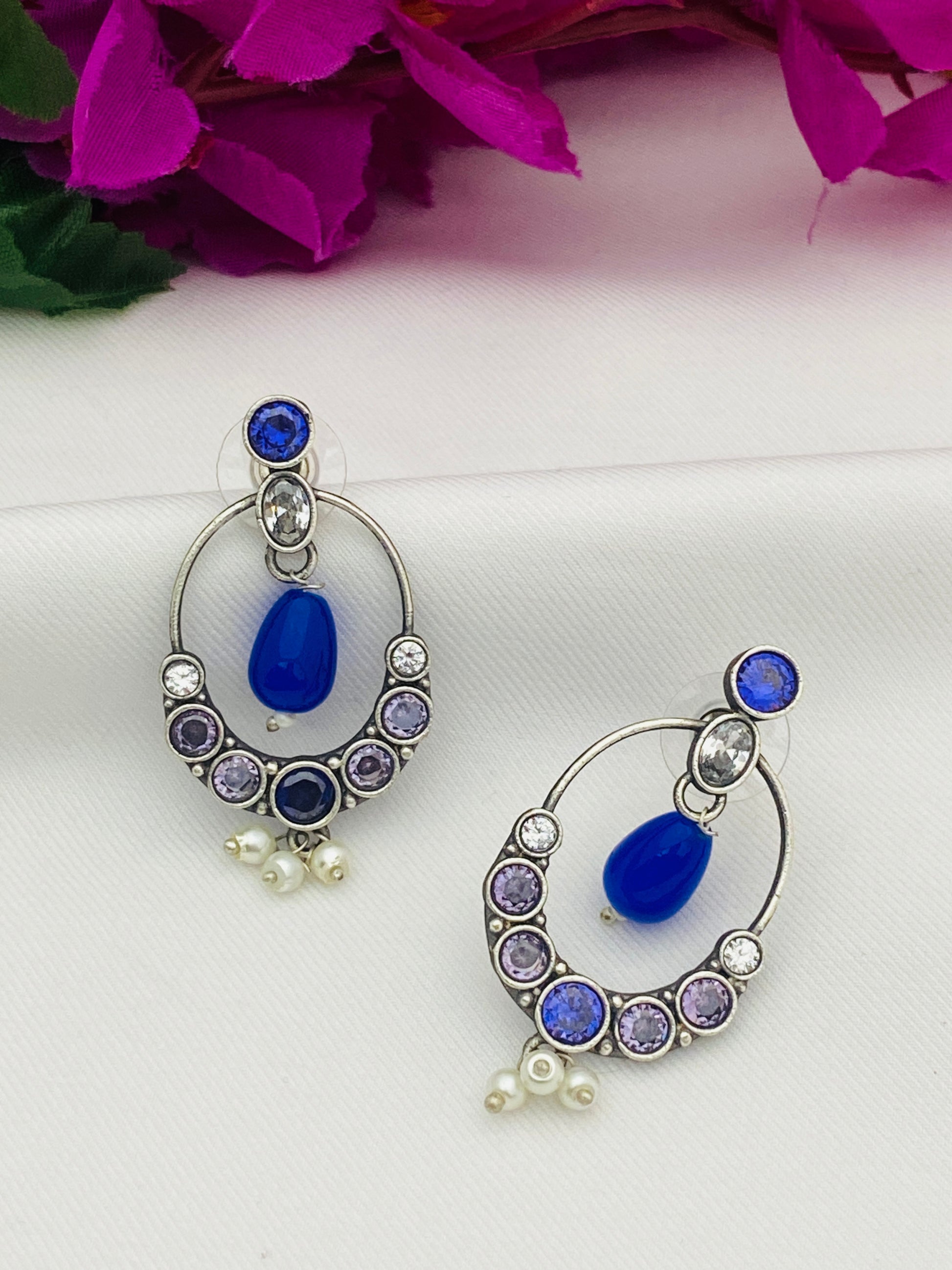  Blue Stone Beaded Oval Shaped Silver Toned Oxidized Earrings With Pearl Drops near me