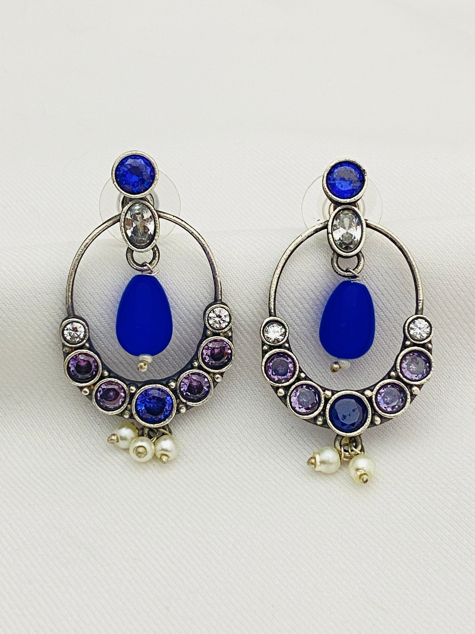 Lovely Blue Stone Beaded Oval Shaped Silver Toned Oxidized Earrings With Pearl Drops