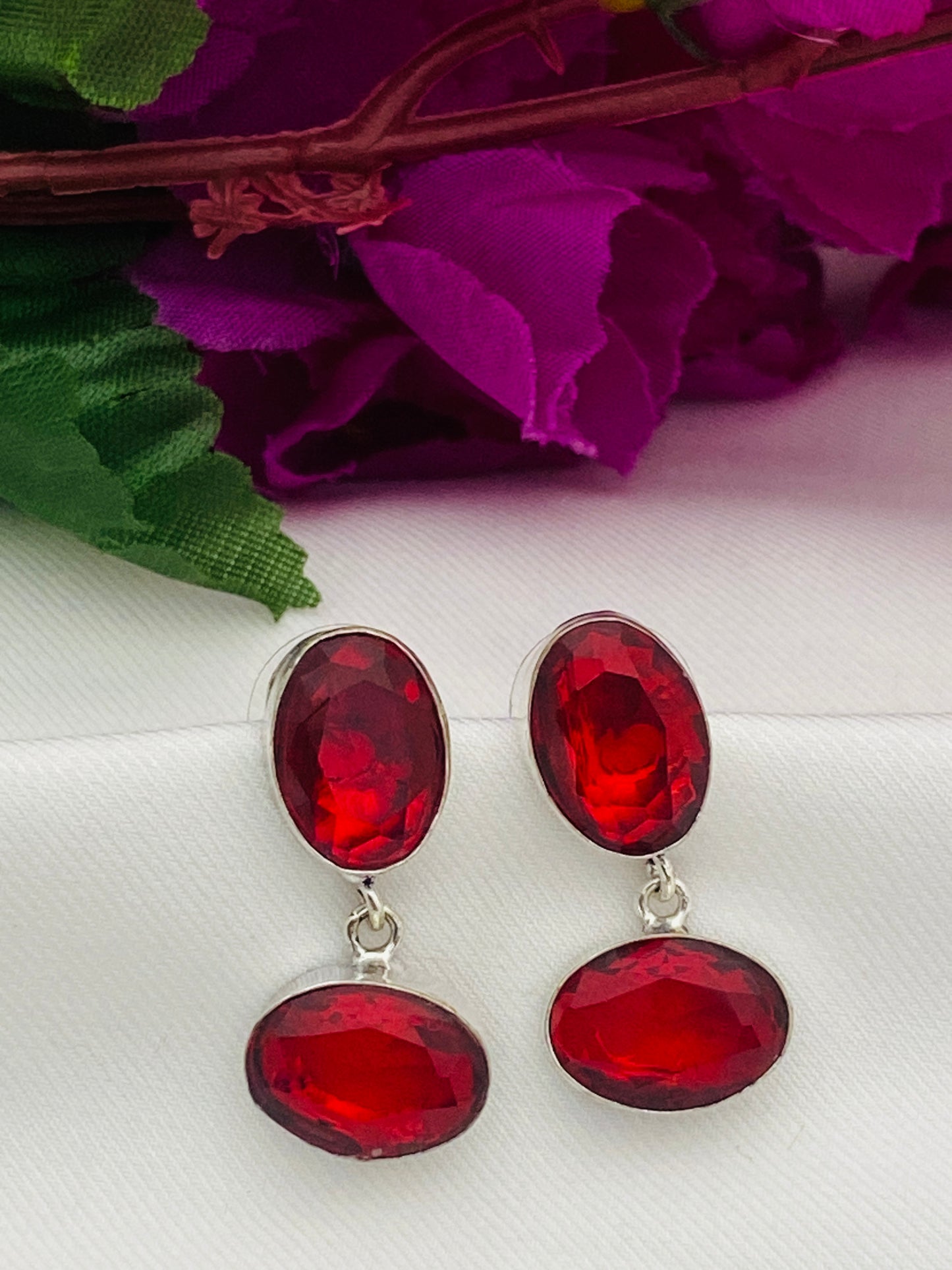 Gorgeous Red Stone Beaded German Silver Plated Oxidized Stud Earrings