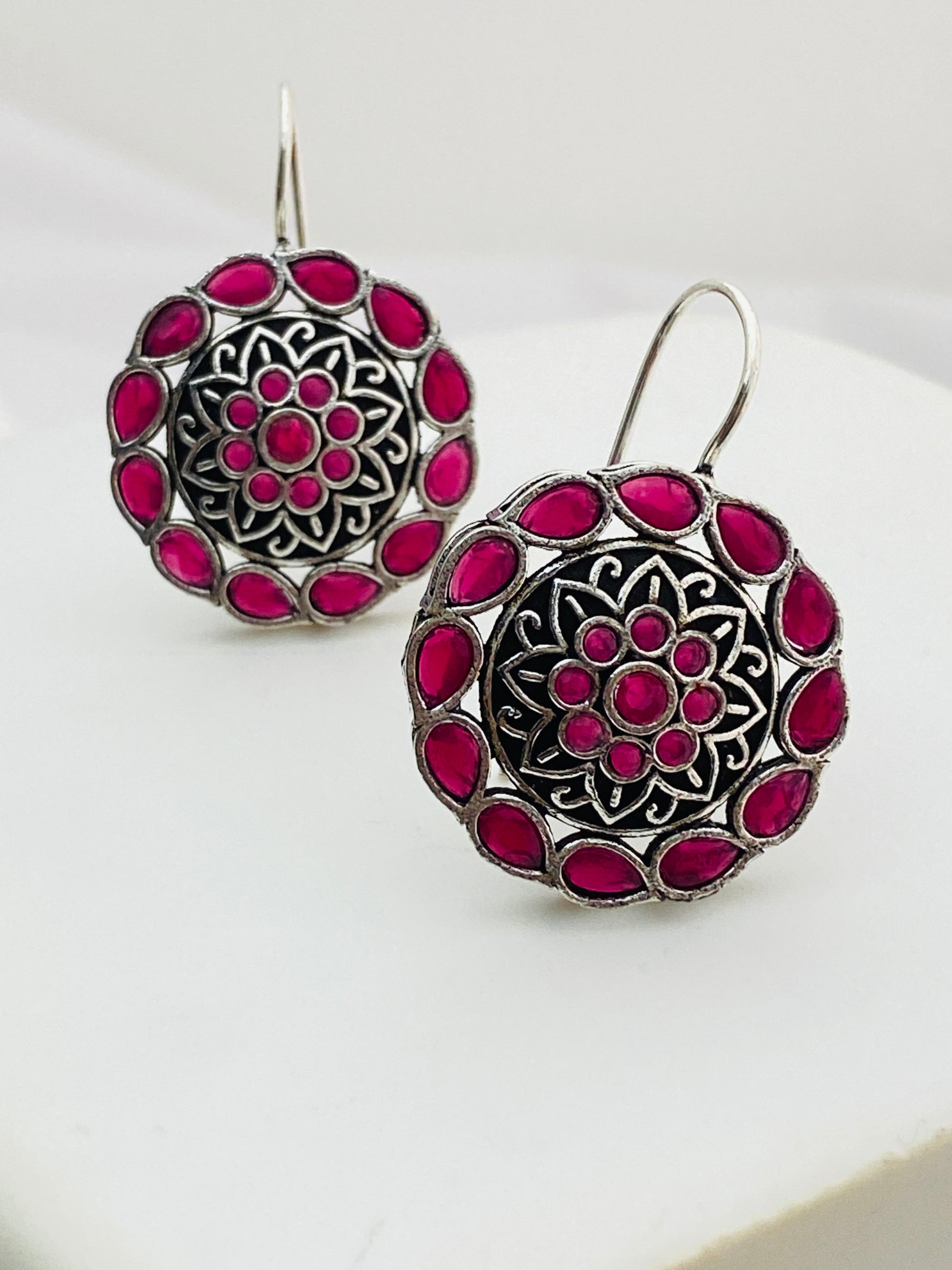 Attractive Pink Color Floral Design Silver Oxidized Earrings For Women