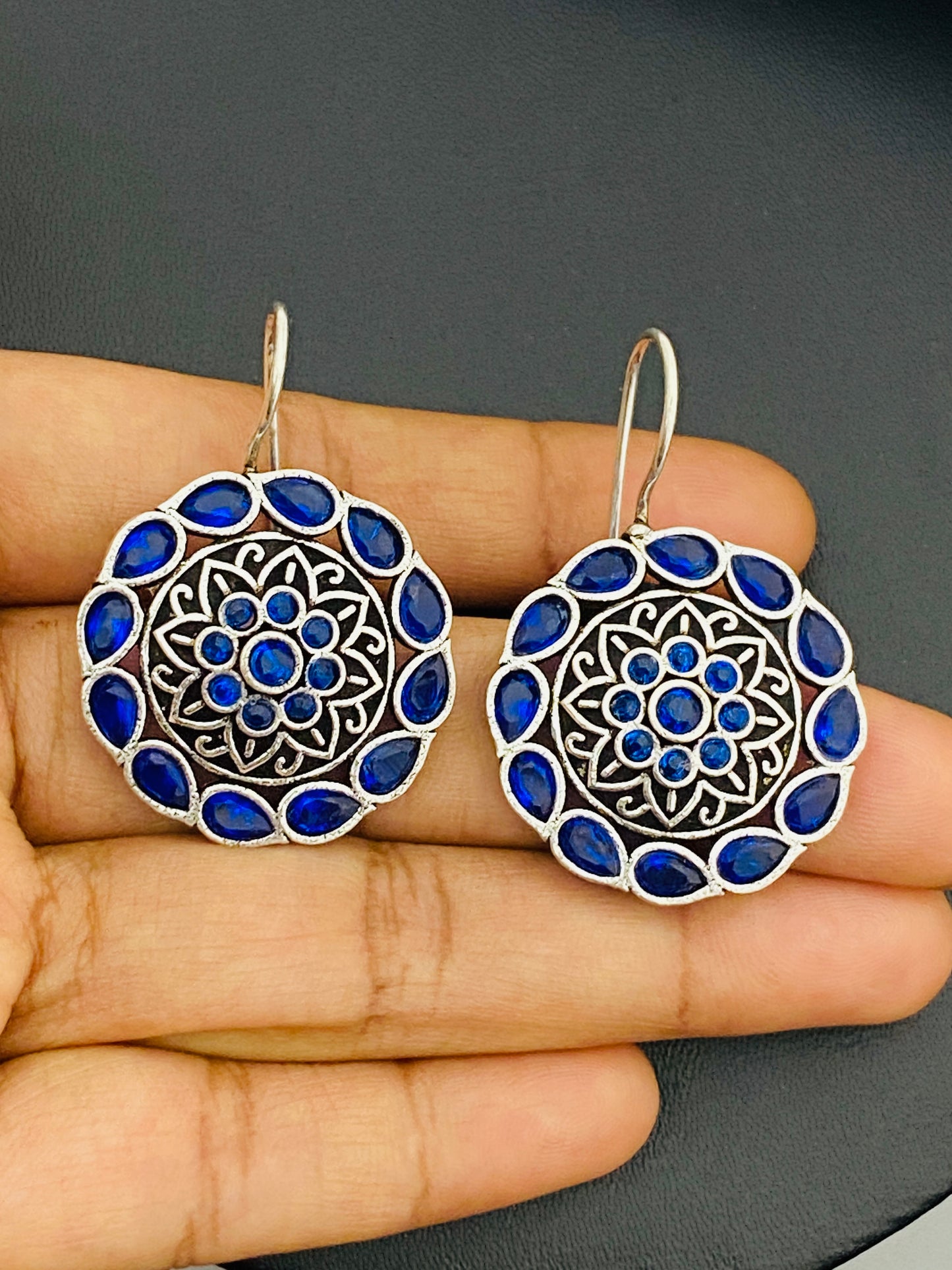 Alluring Blue Color Floral Design Silver Oxidized Earring For Women Near Me