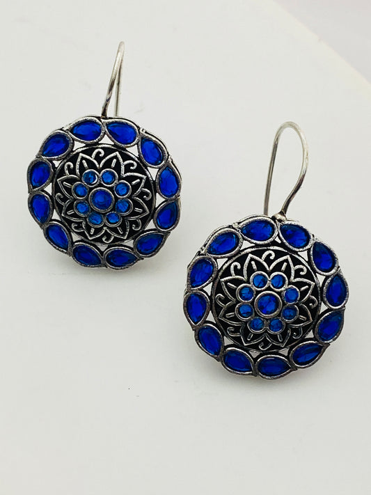 Alluring Blue Color Floral Design Silver Oxidized Earring For Women