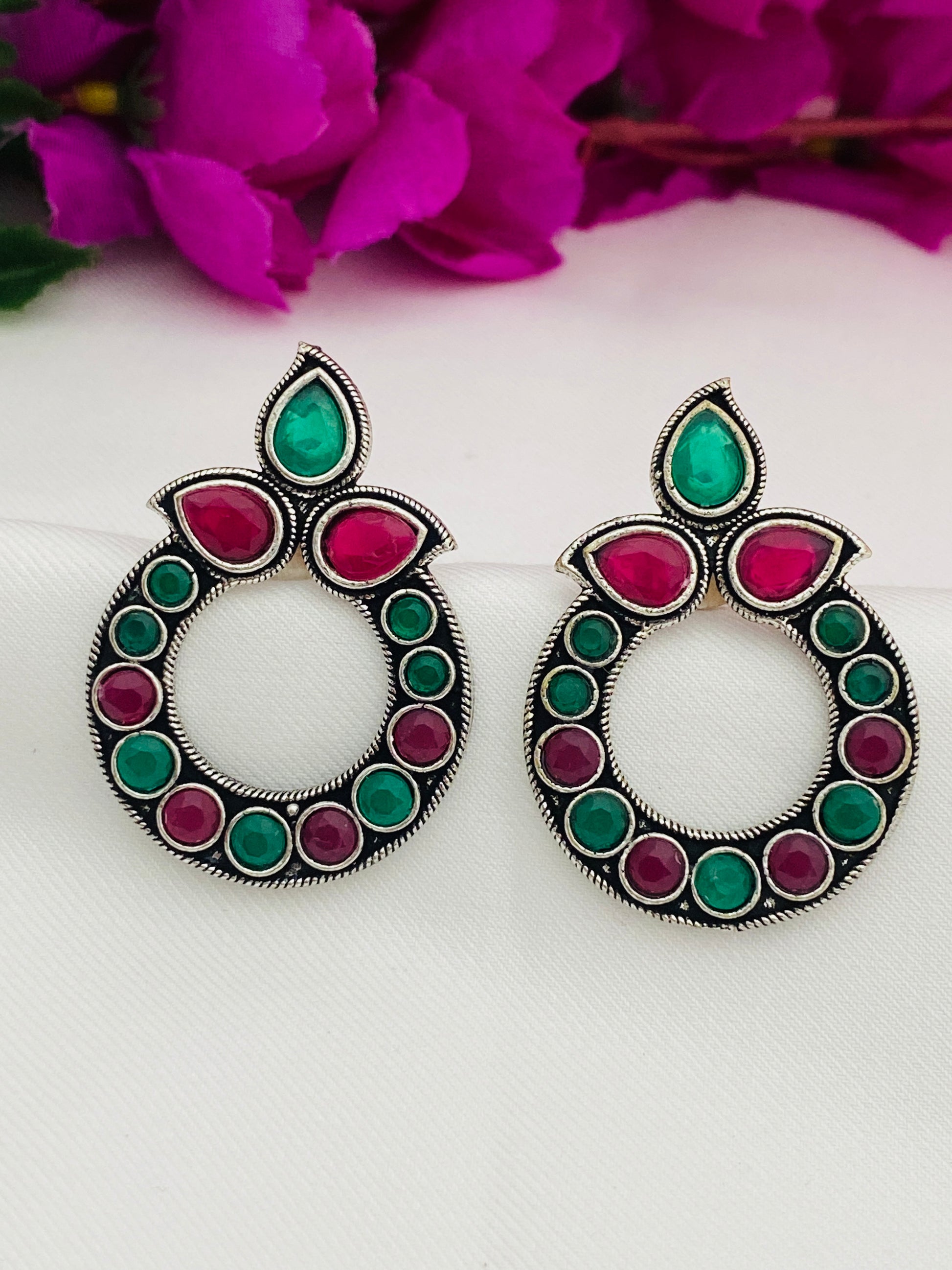 Attractive Multicolor Rounded Design Silver Oxidized Earrings For Women
