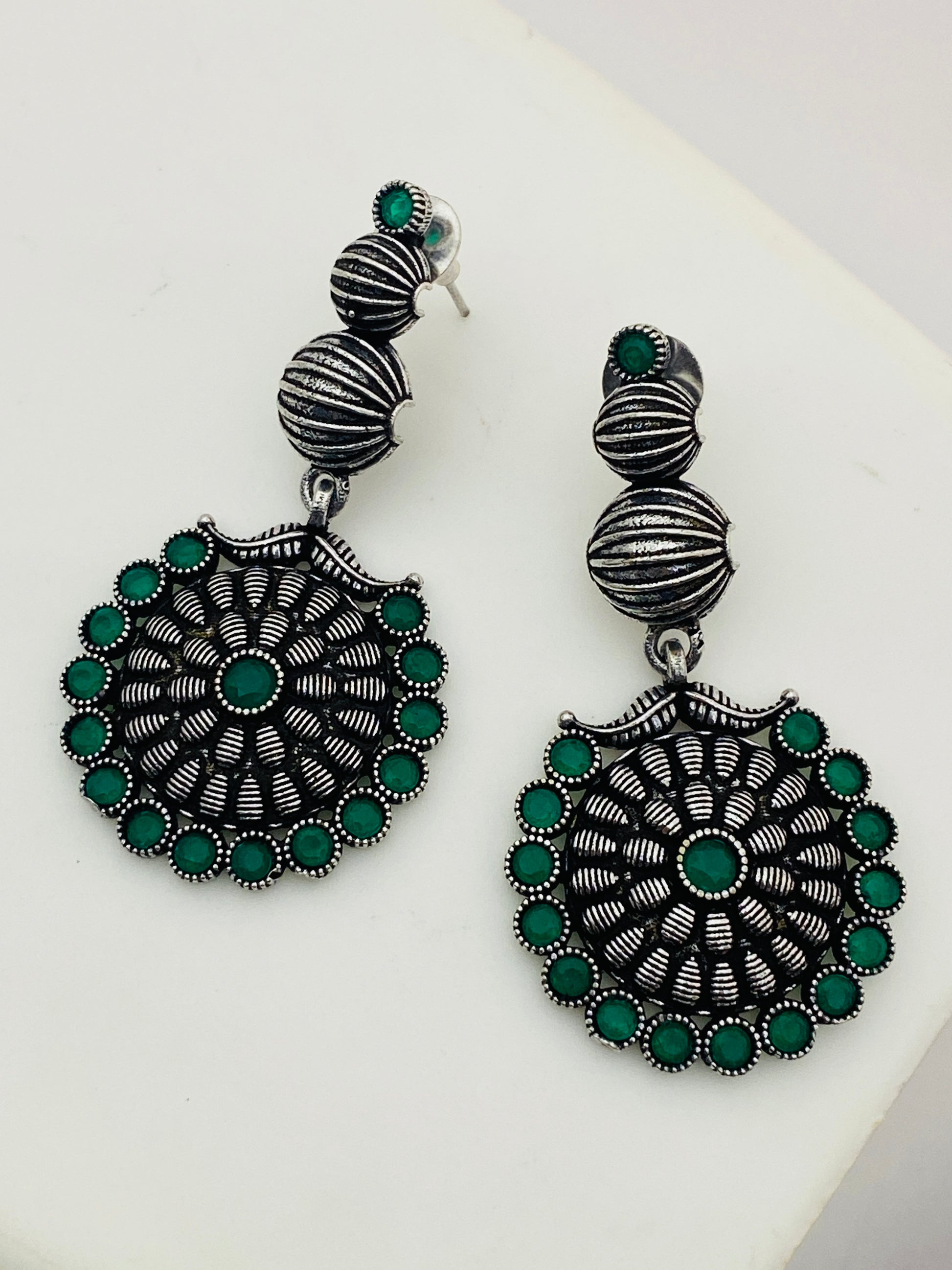 Charming Round Shaped Emerald Stone Beaded German Silver Plated Oxidized Long Earrings