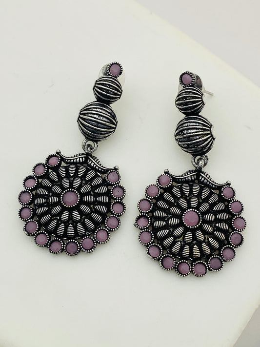 Fascinating Light Pink Stone Studded Floral Design German Silver Plated Oxidized Long Earrings