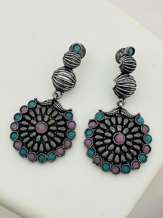 Exquisite Multicolor Stone Beaded Floral Designed Silver Toned Designer Oxidized Earrings