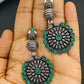 Round Shaped Emerald Stone Beaded German Silver Plated Oxidized Long Earrings Near Me