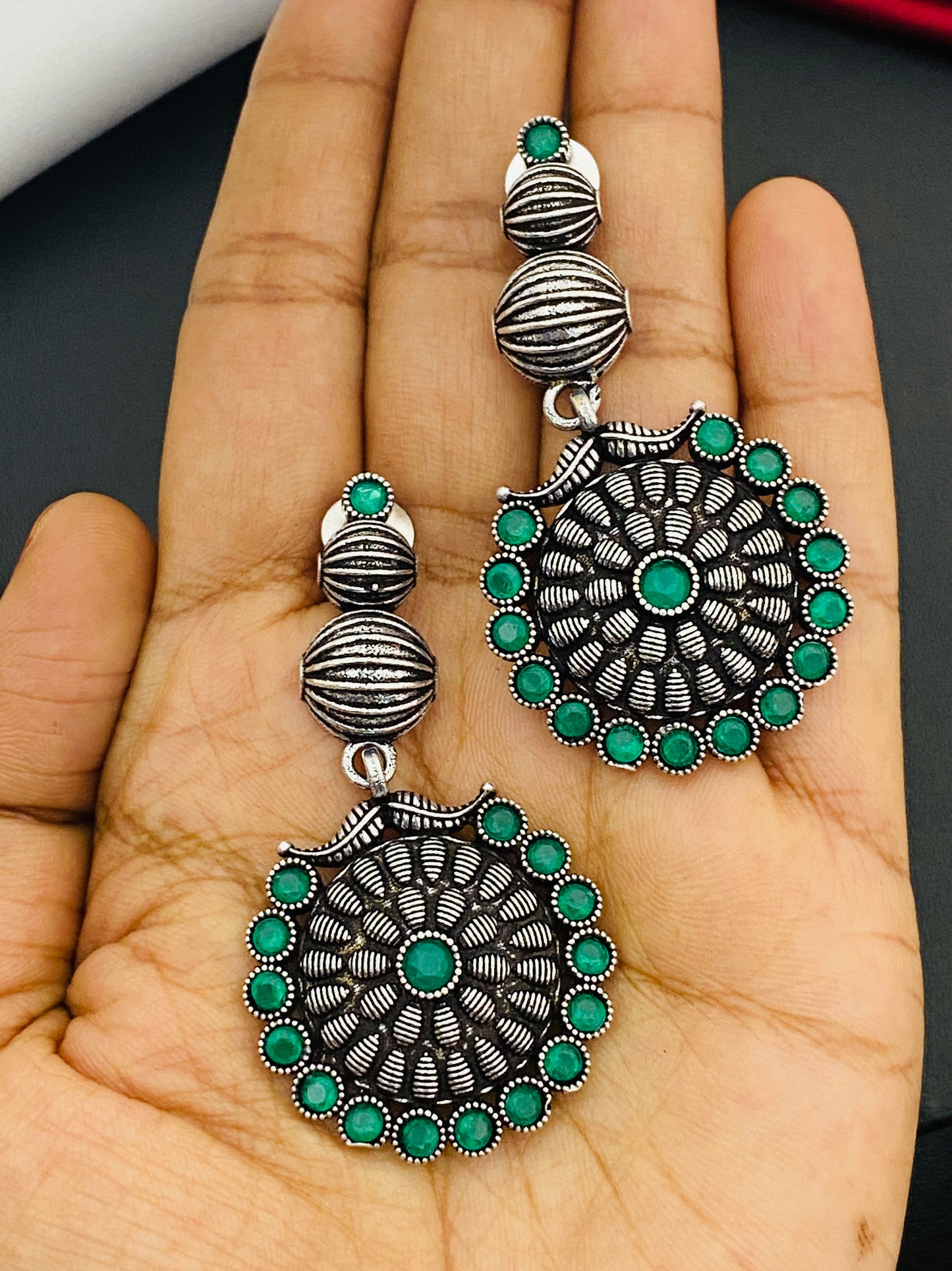 Round Shaped Emerald Stone Beaded German Silver Plated Oxidized Long Earrings Near Me