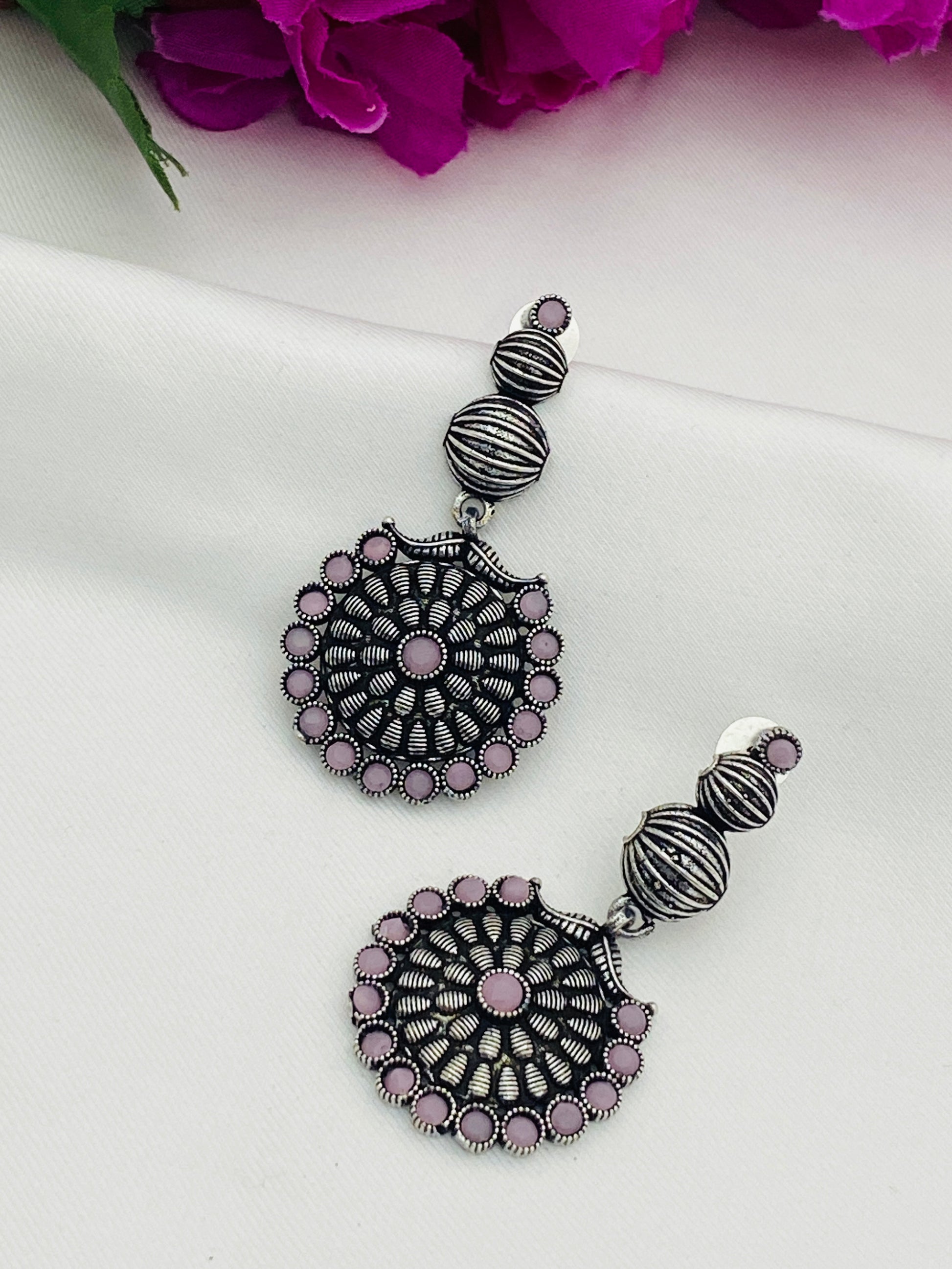  Light Pink Stone Studded Floral Design  Oxidized Long Earrings in Globe