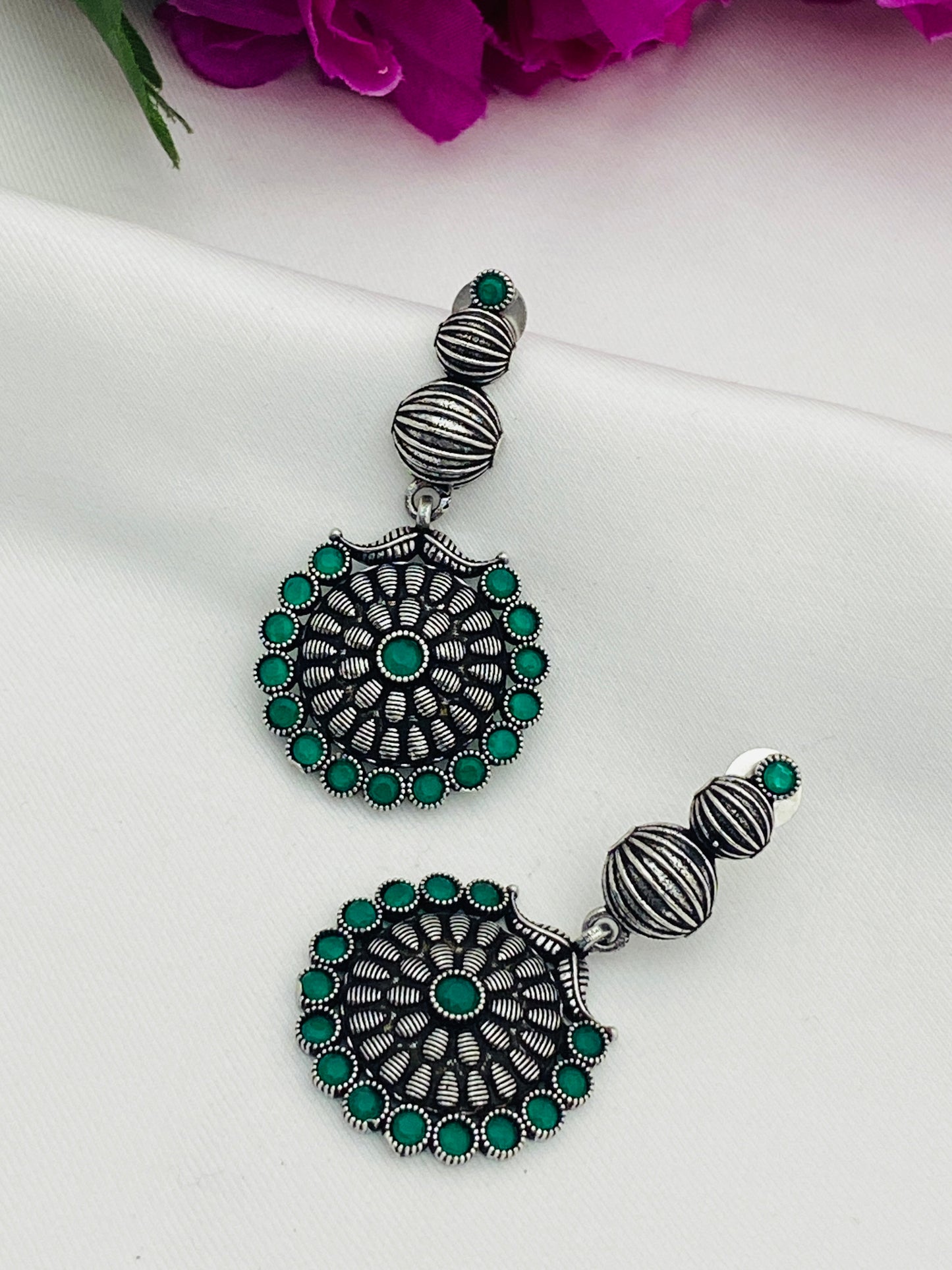  Emerald Stone Beaded German Silver Plated Oxidized Long Earrings in Scottsdale