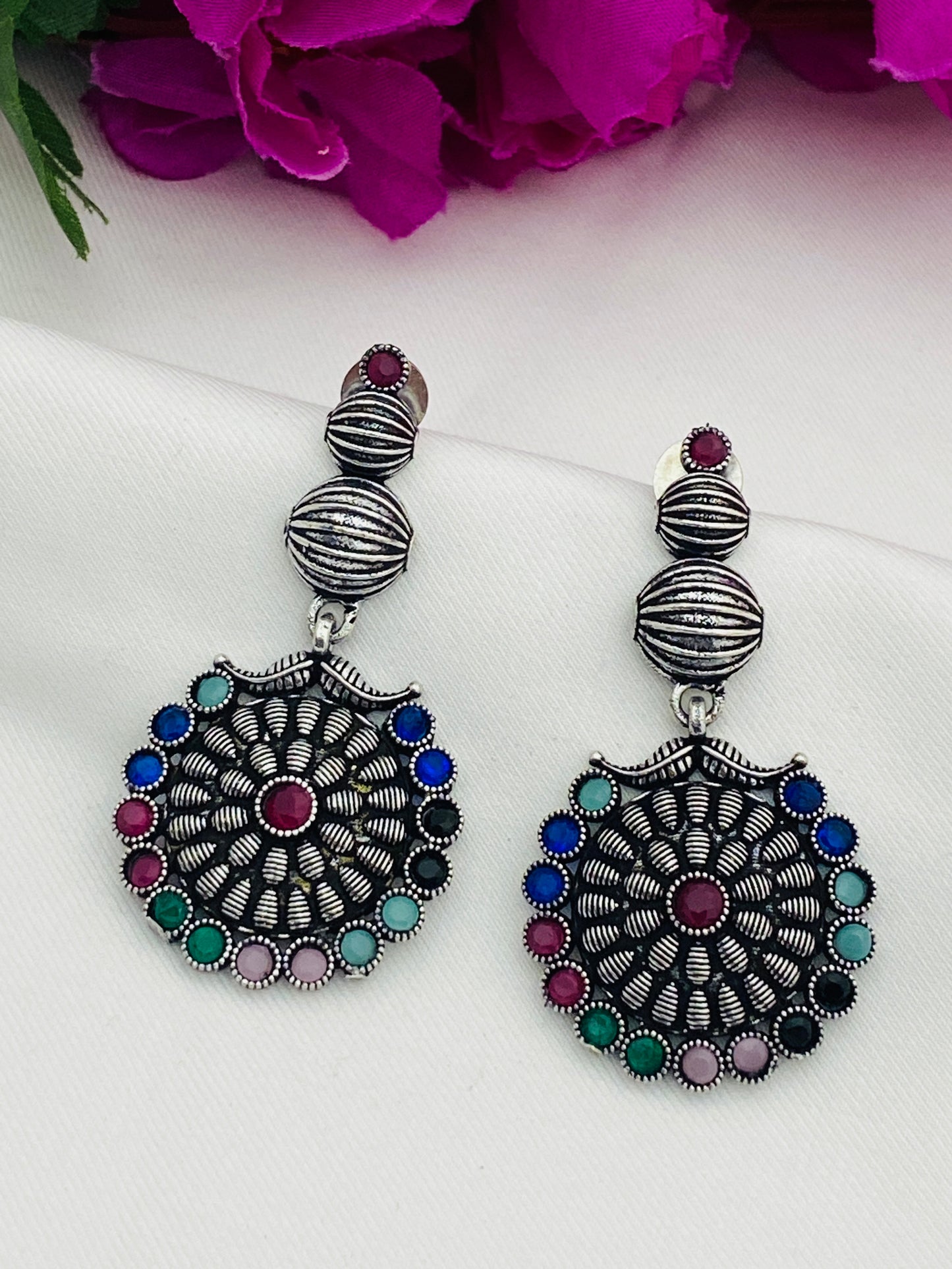  Stone Beaded German Silver Plated Oxidized Floral Designed Long Earrings in USA