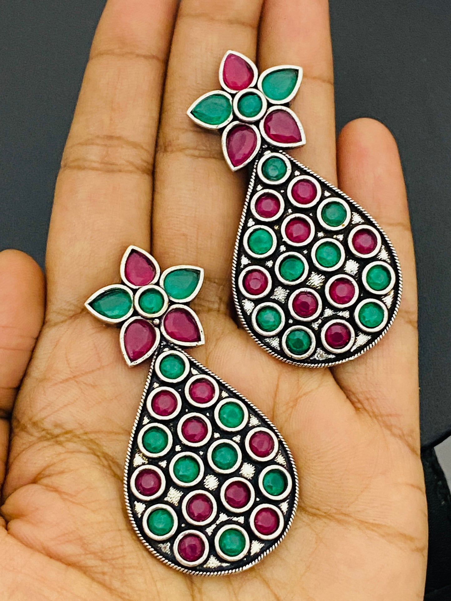 Trendy Emerald Ruby Stone Oxidized German Silver Plated Ethnic Earrings Near Me