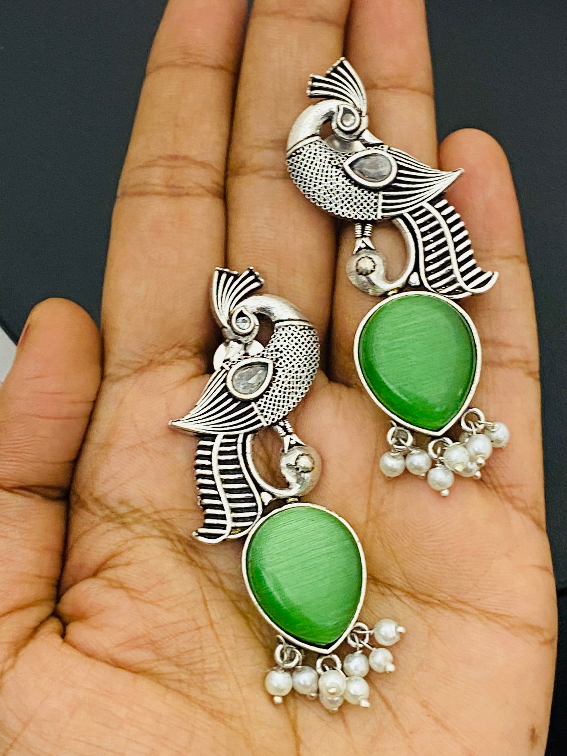 Gorgeous Green Color Peacock Design Silver Oxidized Earrings Near Me