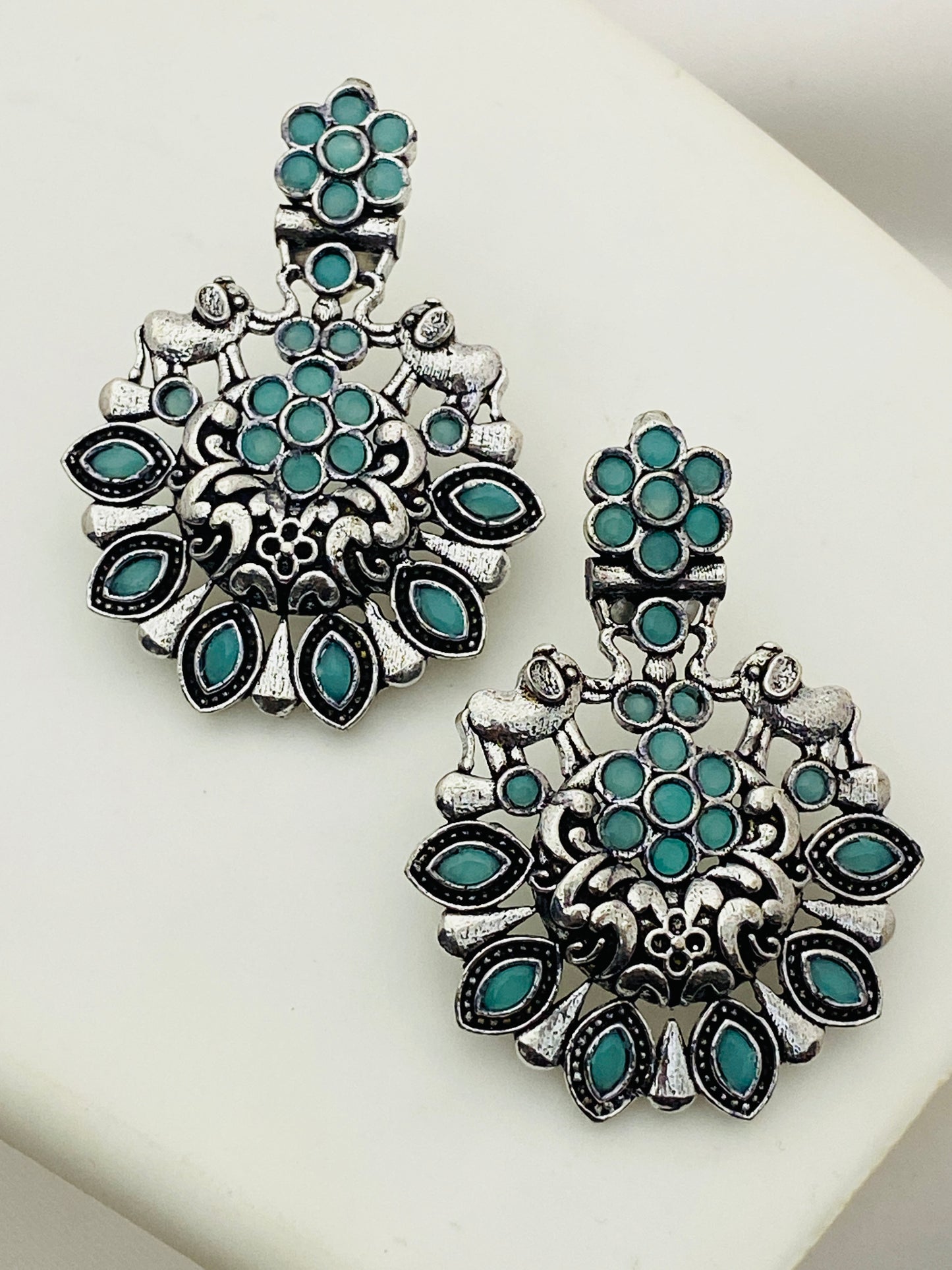 Stylish Skyblue Floral Designer Silver Oxidized Earrings For Women