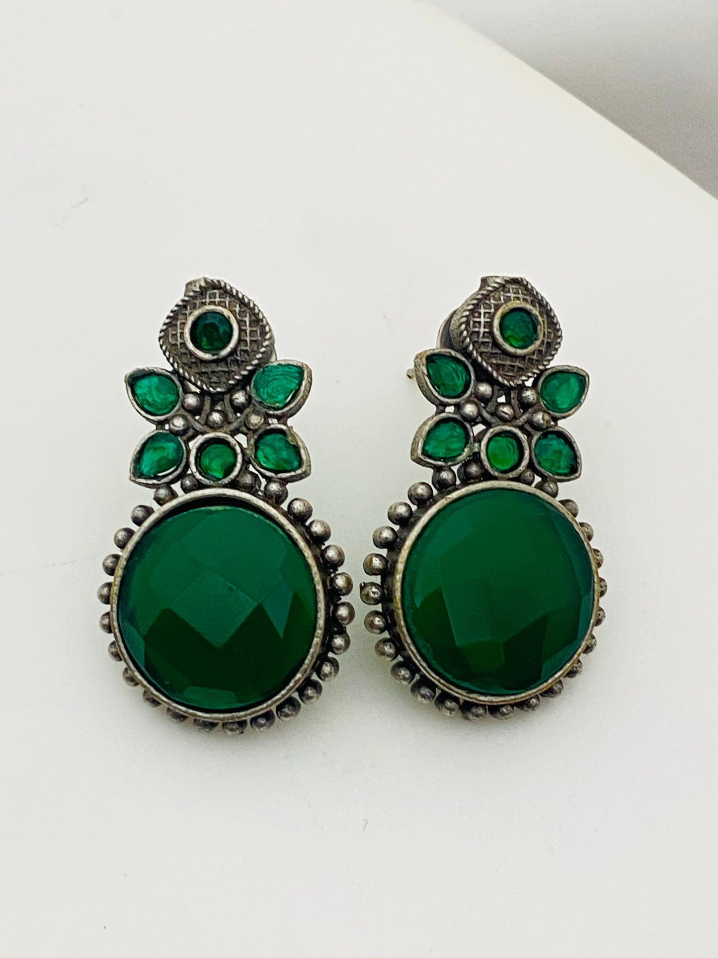 Beautiful Emerald Stone Beaded Leaf Designed Silver Plated Oxidized Stud Earrings