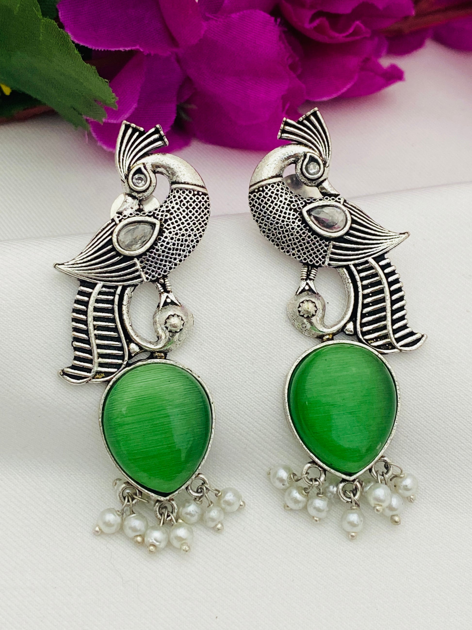 Gorgeous Green Color Peacock Design Silver Oxidized Earrings In USA