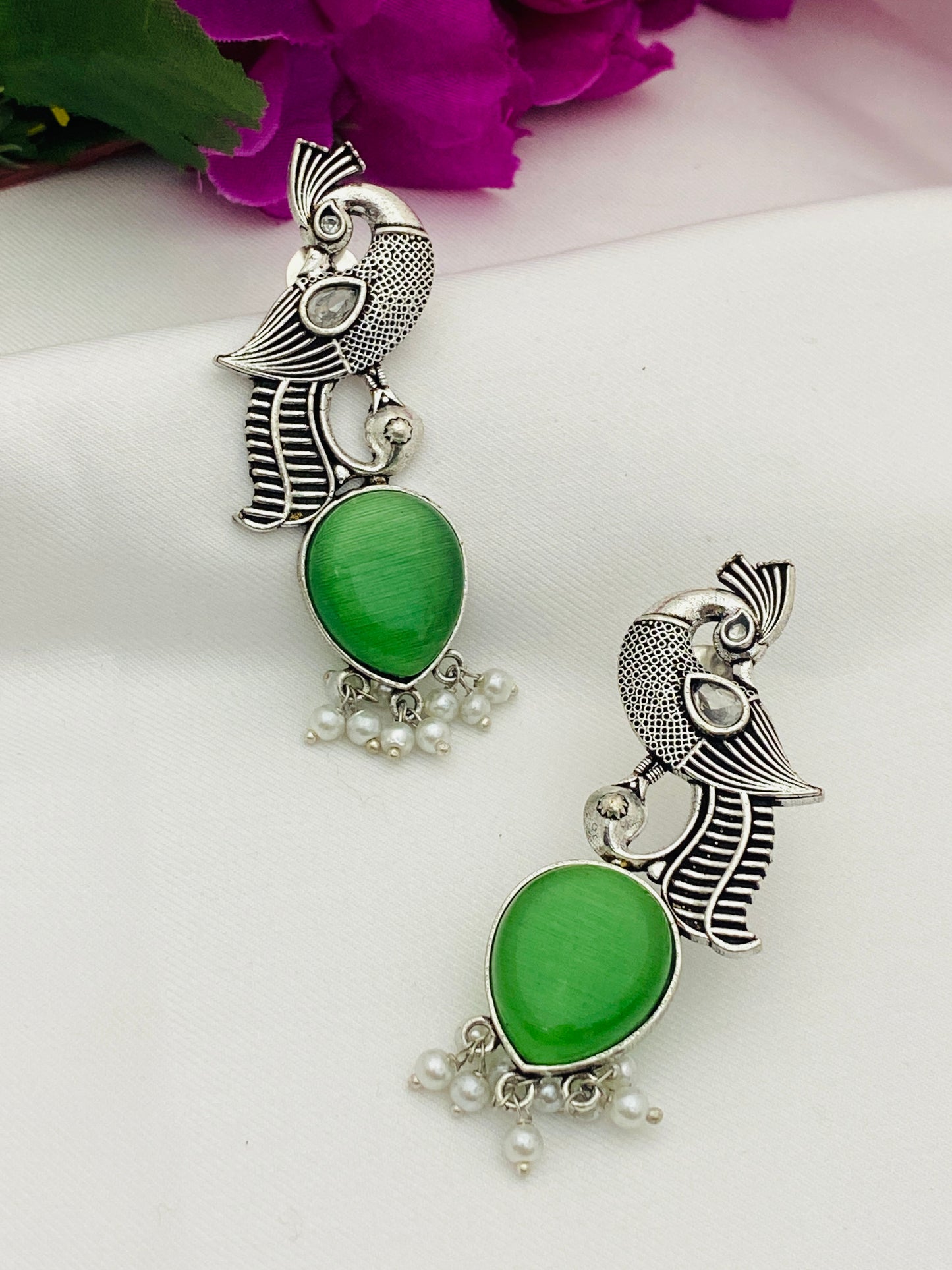 Gorgeous Green Color Peacock Design Silver Oxidized Earrings In Tempe