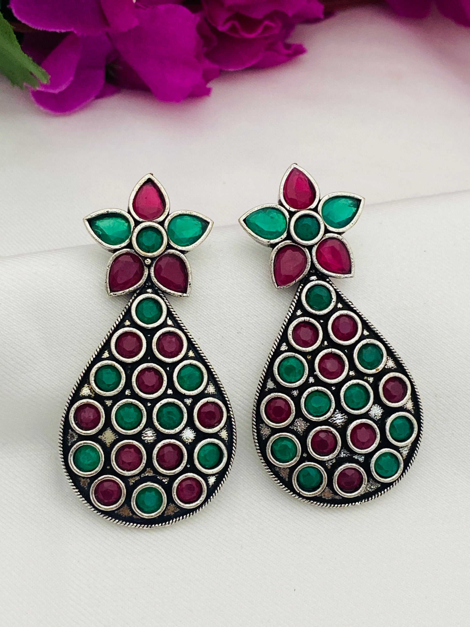 Trendy Emerald Ruby Stone Oxidized German Silver Plated Ethnic Earrings