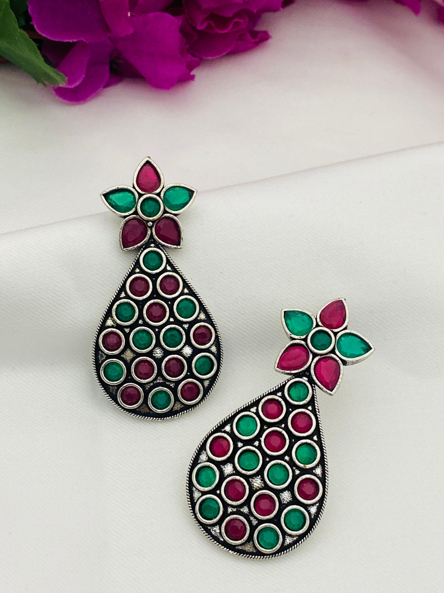 Trendy Emerald Ruby Stone Oxidized German Silver Plated Ethnic Earrings In Tempe