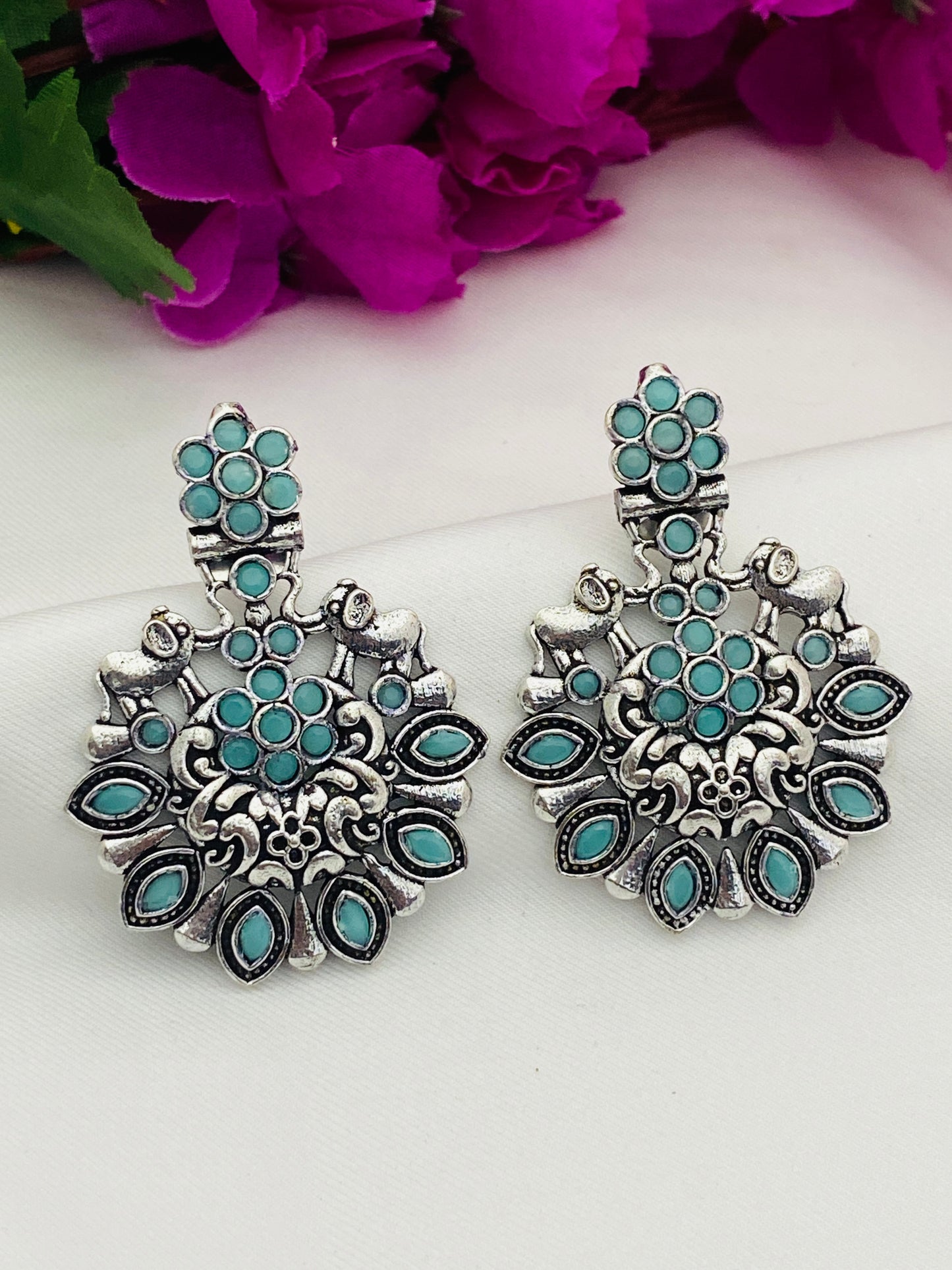 Stylish Skyblue Floral Designer Silver Oxidized Earrings For Women In USA