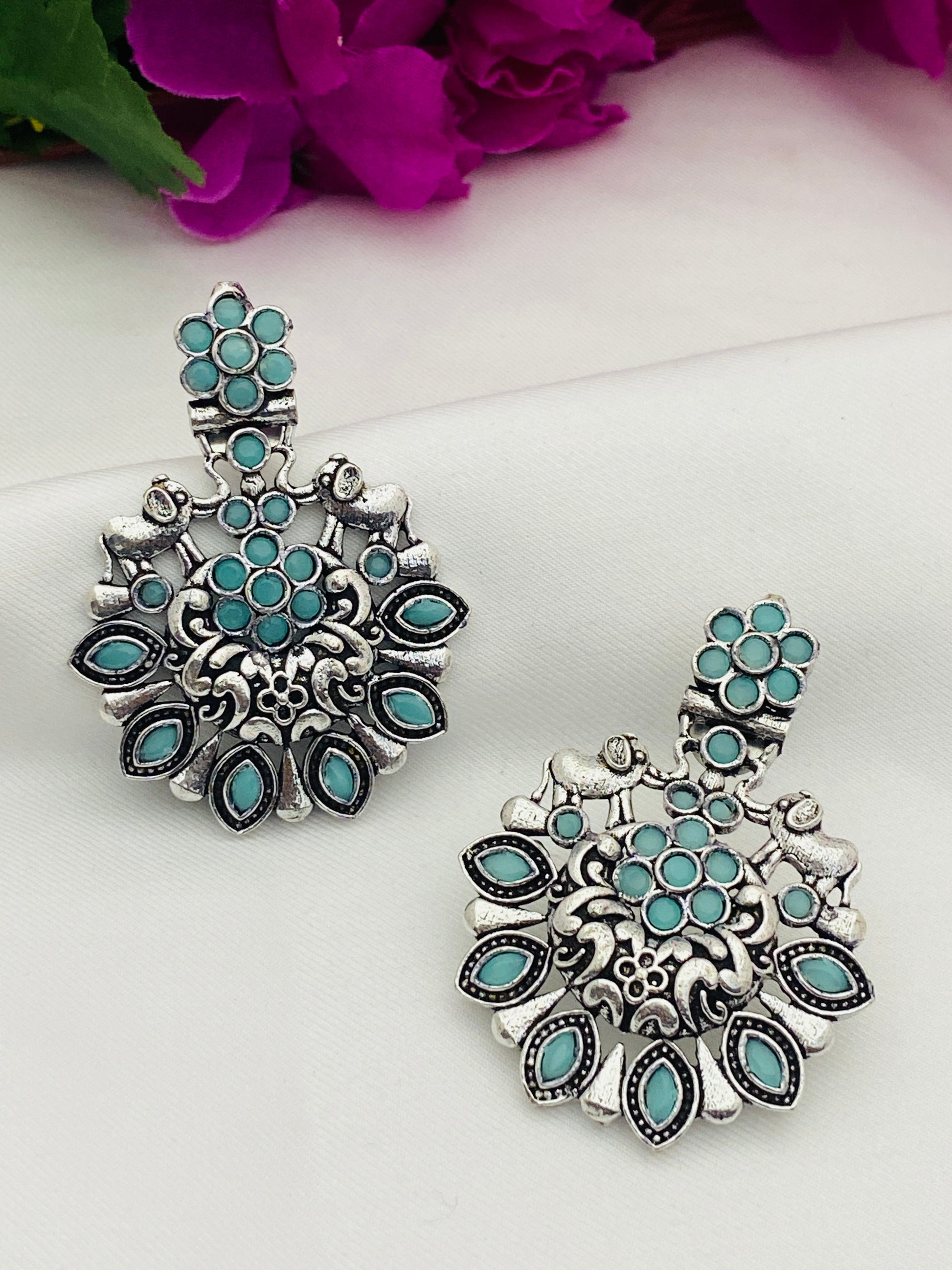 Stylish Skyblue Floral Designer Silver Oxidized Earrings For Women In Tempe