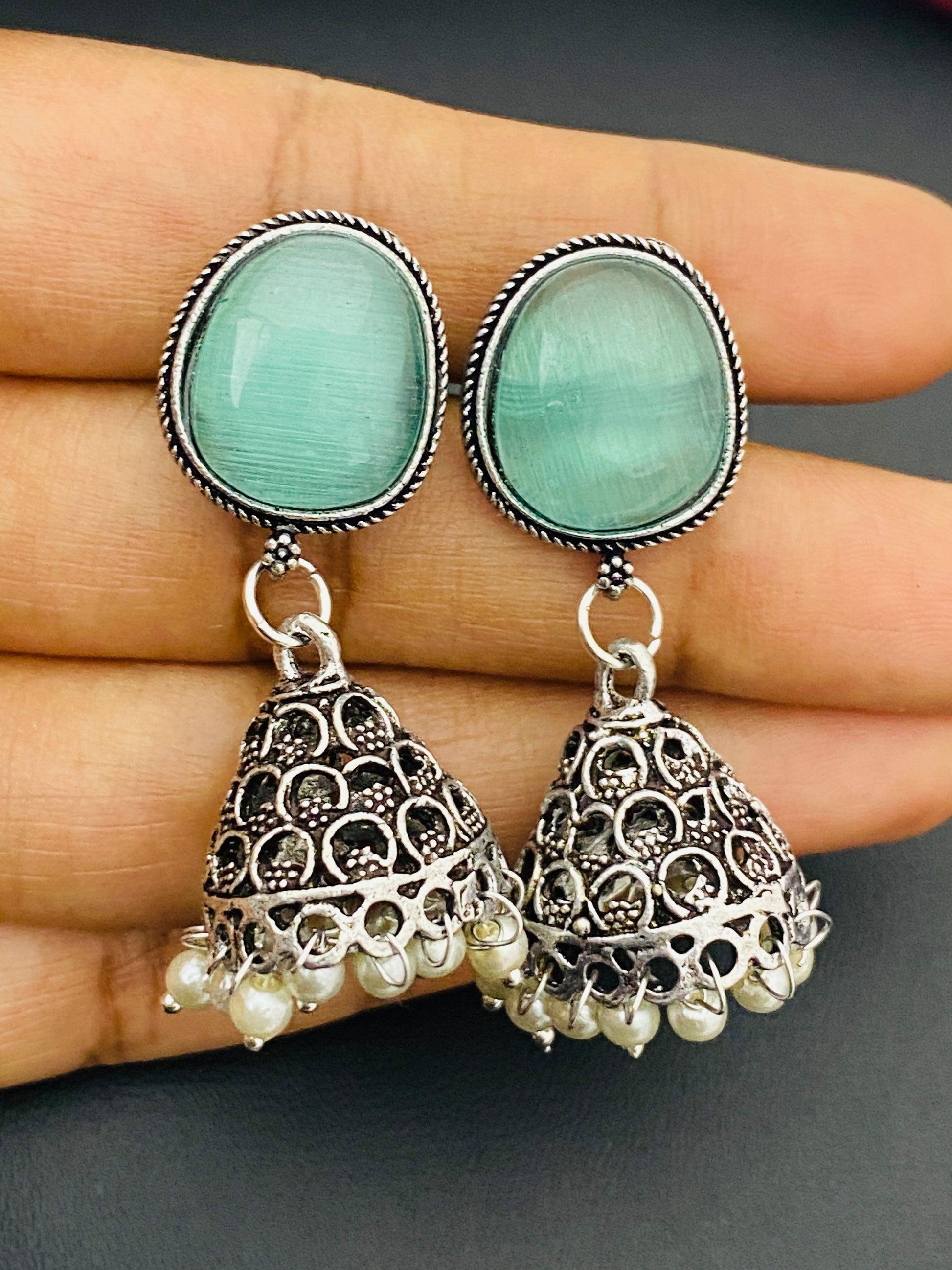 Dome Shaped Silver Plated Oxidized Jhumka Earrings With Pearl Drops Near Me