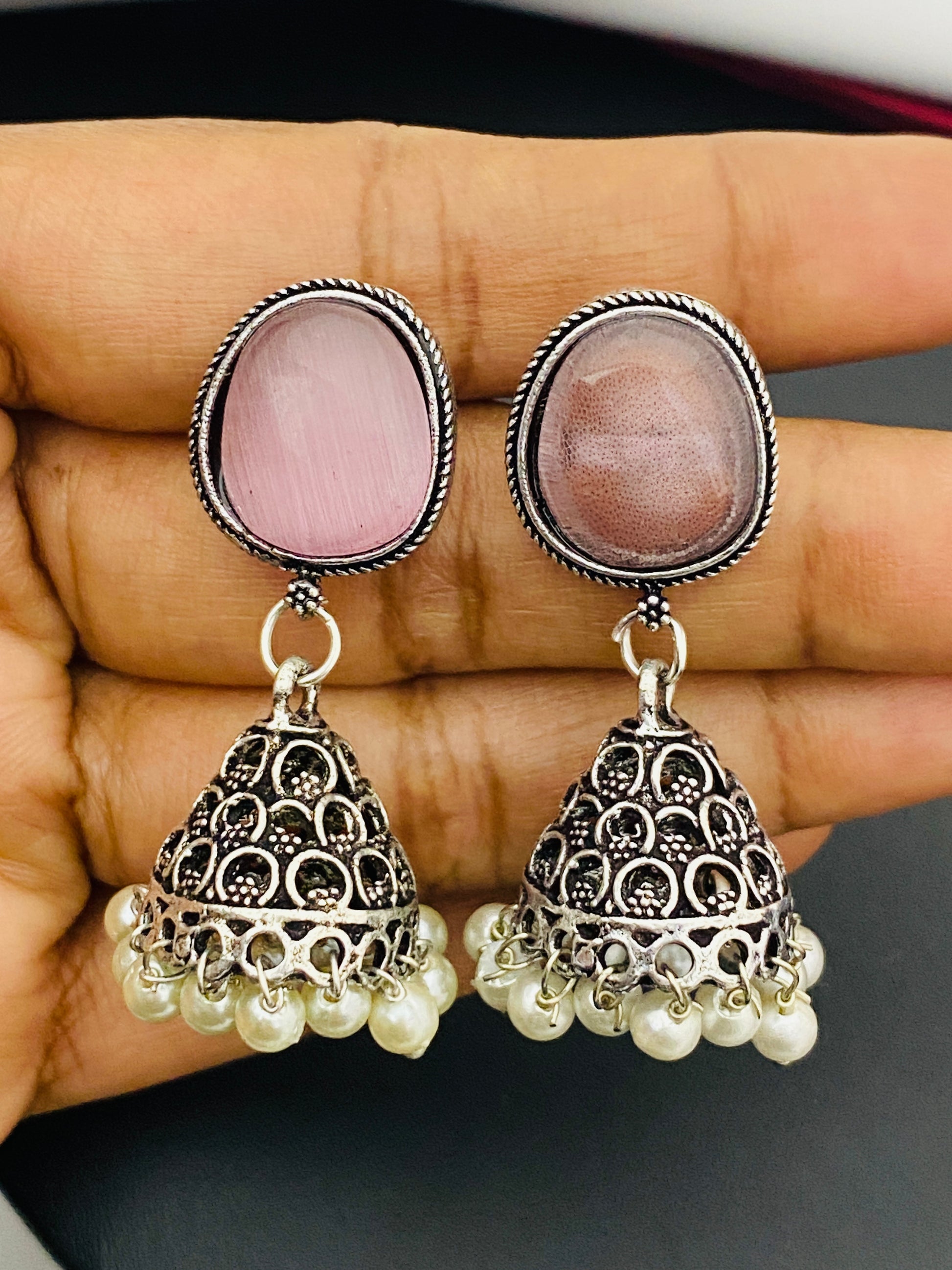 Alluring Light Pink Silver Designer Oxidized Earrings For Women Near Me