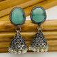 Teal Blue Stone Studded Dome Shaped Silver Plated Oxidized Jhumka Earrings in USA