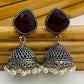 Charming Maroon Stone Beaded Designer German Silver Plated Oxidized Jhumkas With Pearl Hangings