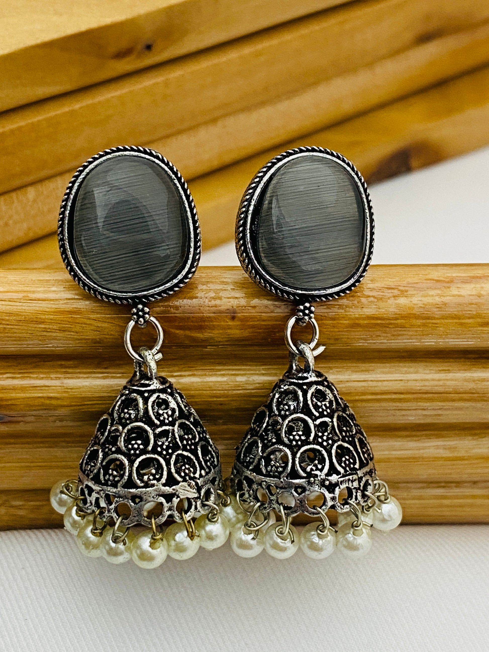Elegant Grey Color Designer Silver Oxidized Jhumkhas With Pearl Hangings Near Me