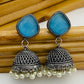 Elegant Skyblue Color Designer Silver Oxidized Jhumkas With Pearl Hangings Near Me