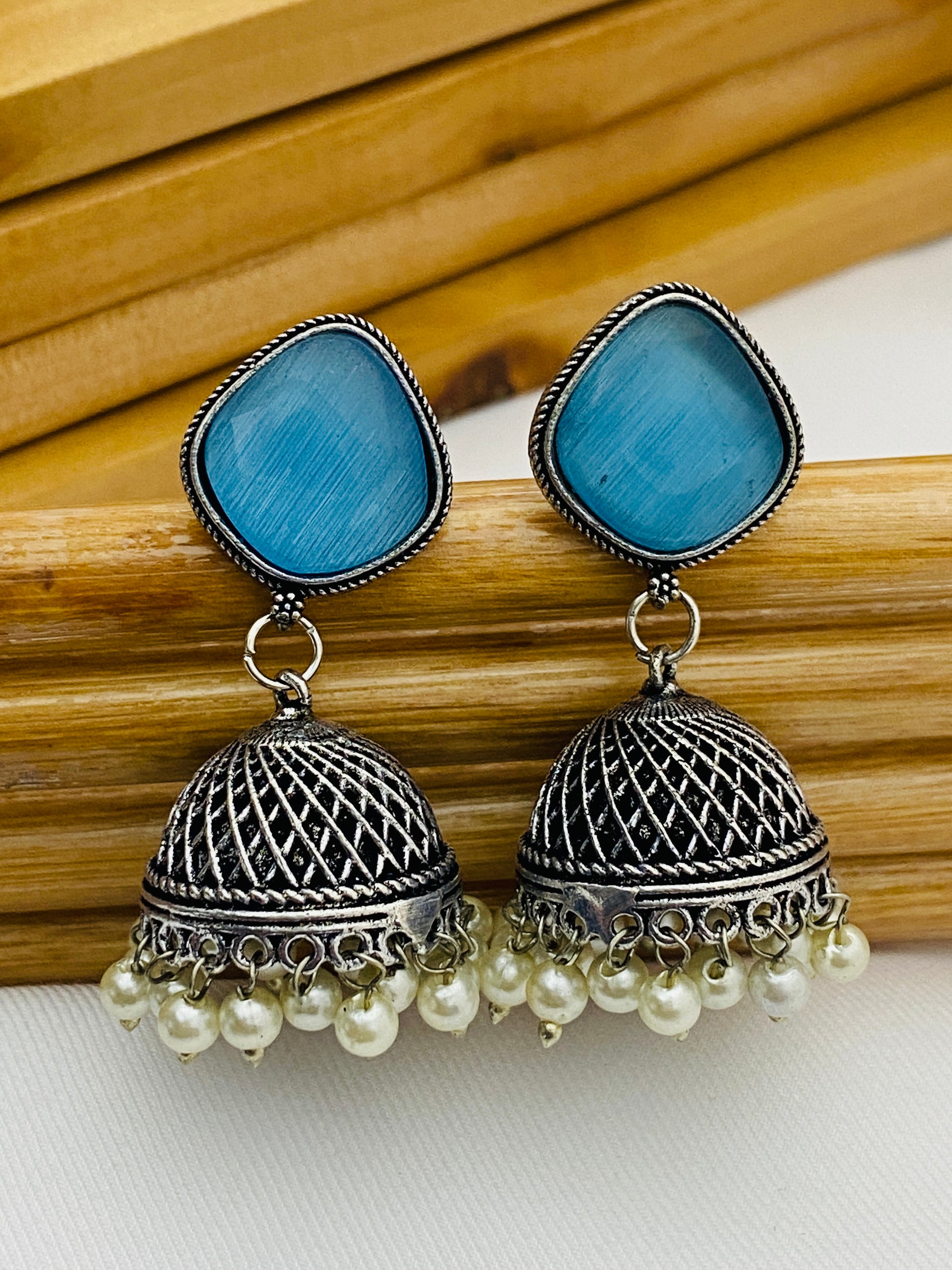 Elegant Skyblue Color Designer Silver Oxidized Jhumkas With Pearl Hangings Near Me