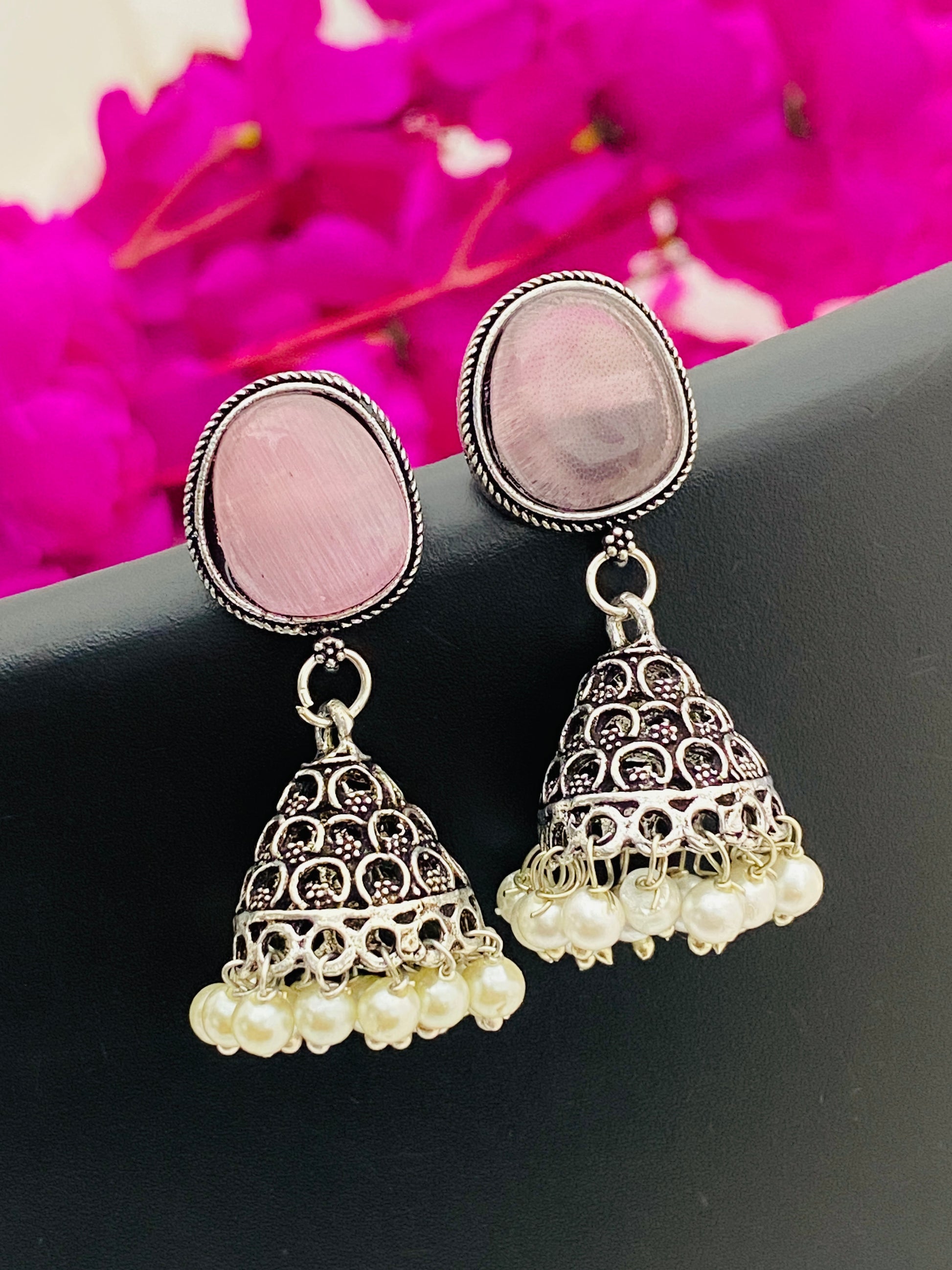 Alluring Light Pink Silver Designer Oxidized Earrings For Women In Yuma