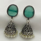 Unique Teal Blue Stone Studded Dome Shaped Silver Plated Oxidized Jhumka Earrings With Pearl Drops