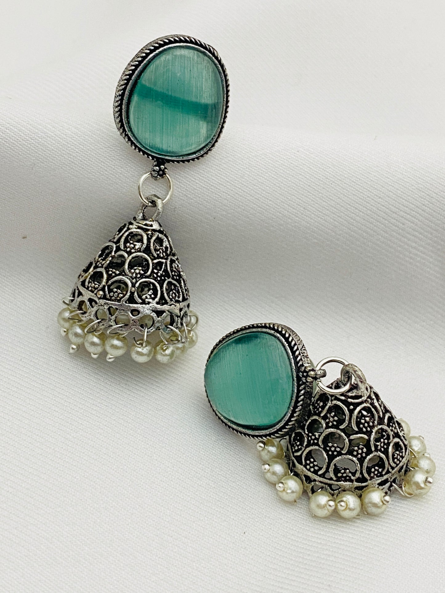 Silver Plated Oxidized Jhumka Earrings With Pearl Drops in Mesa