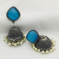 Elegant Skyblue Color Designer Silver Oxidized Jhumkas With Pearl Hangings In Tempe