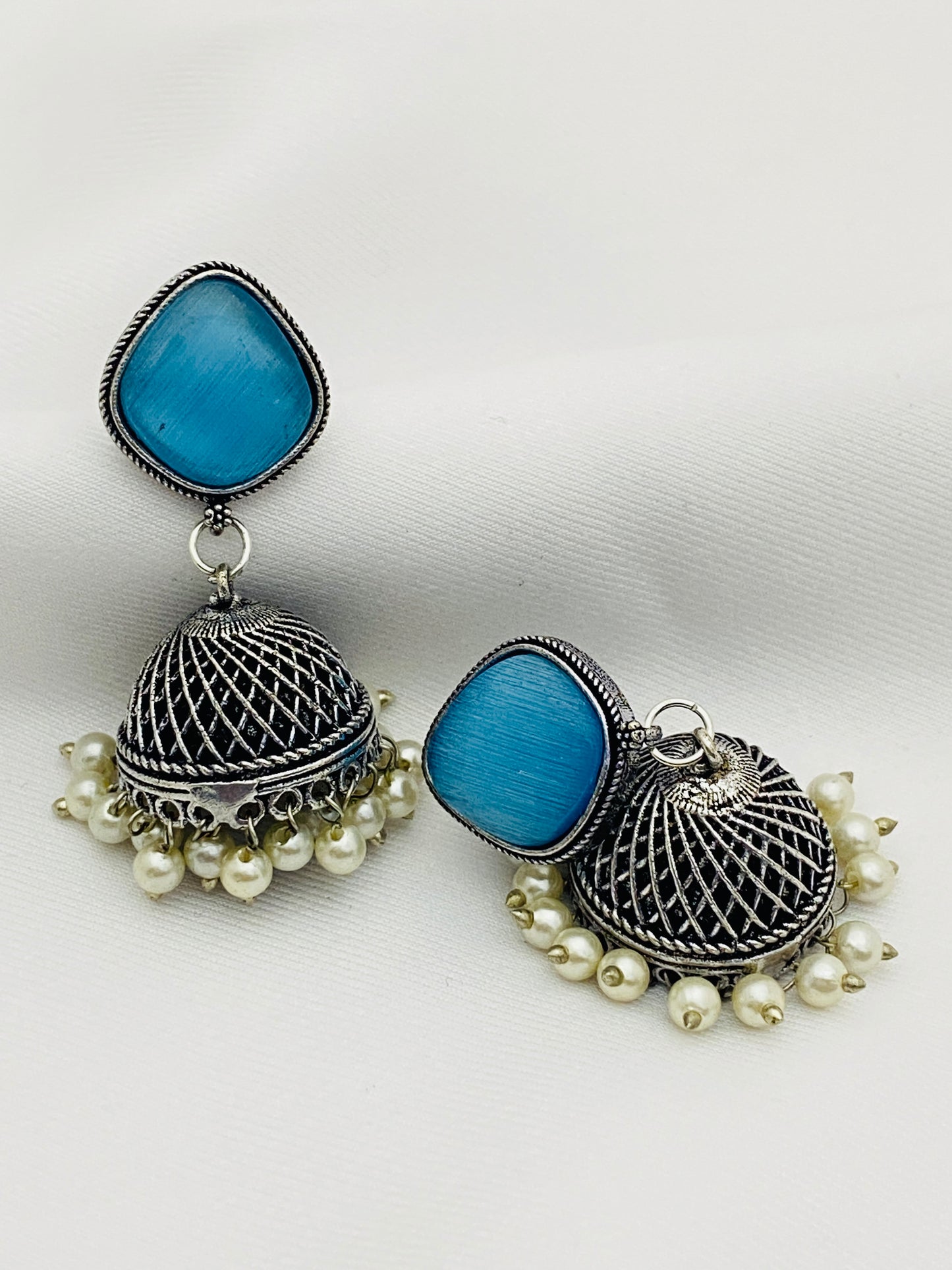 Elegant Skyblue Color Designer Silver Oxidized Jhumkas With Pearl Hangings In Tempe