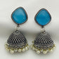 Elegant Skyblue Color Designer Silver Oxidized Jhumkas With Pearl Hangings