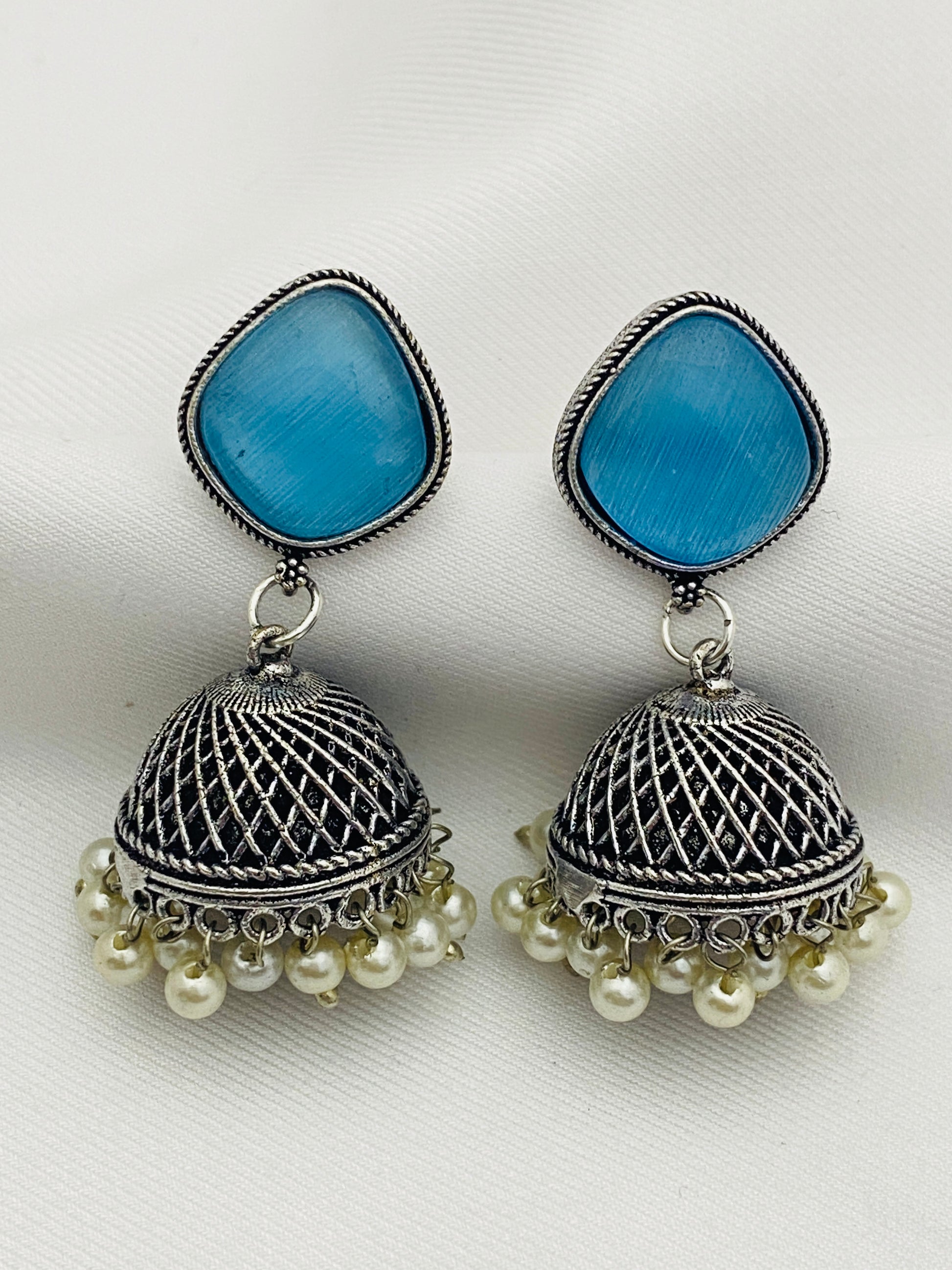 Elegant Skyblue Color Designer Silver Oxidized Jhumkas With Pearl Hangings