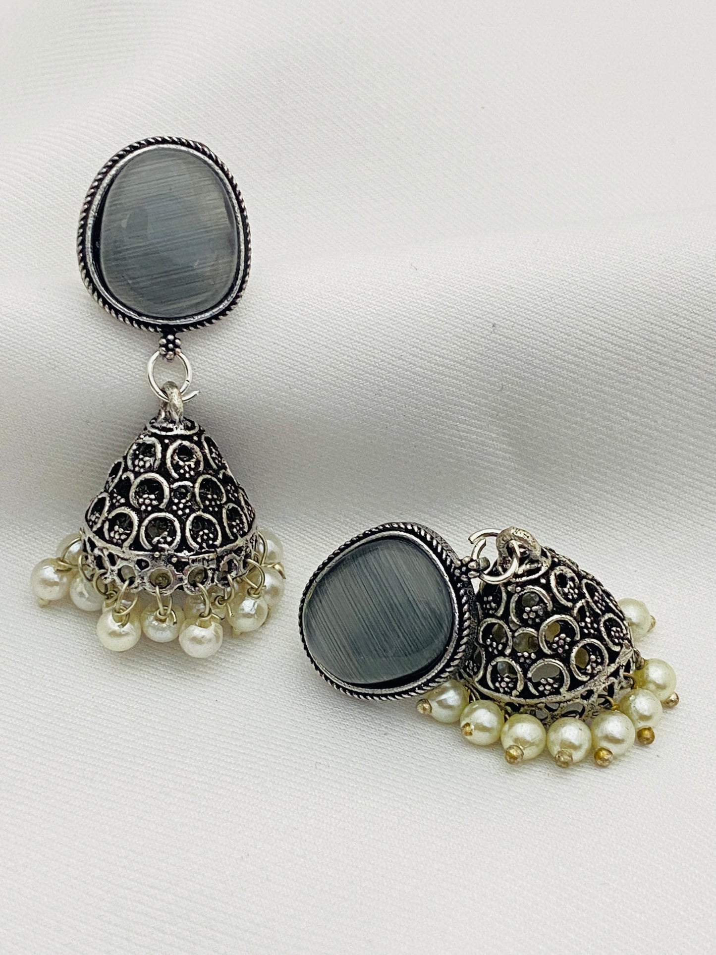Elegant Grey Color Designer Silver Oxidized Jhumkhas With Pearl Hangings In Mesa