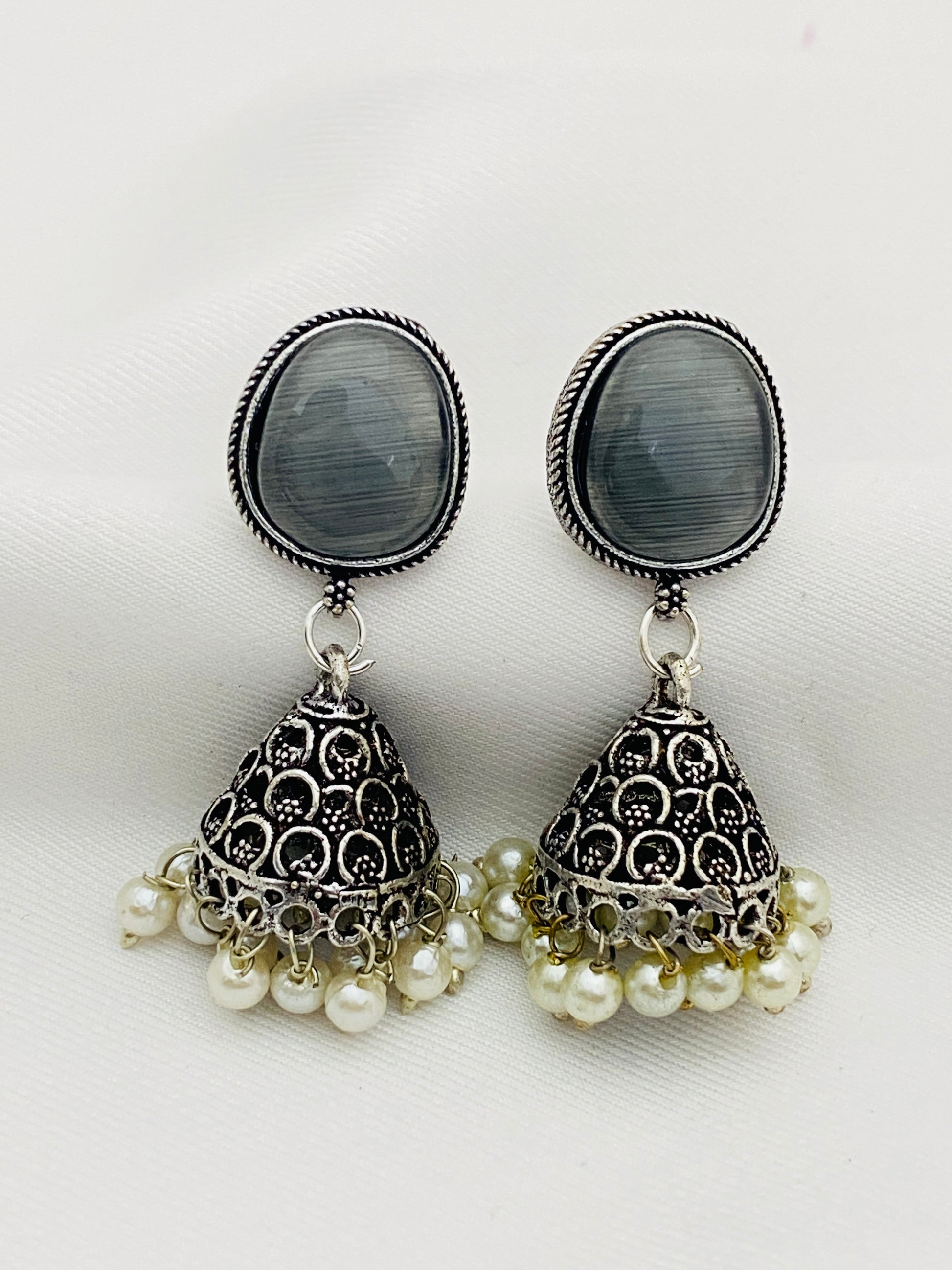 Elegant Grey Color Designer Silver Oxidized Jhumkhas With Pearl Hangings