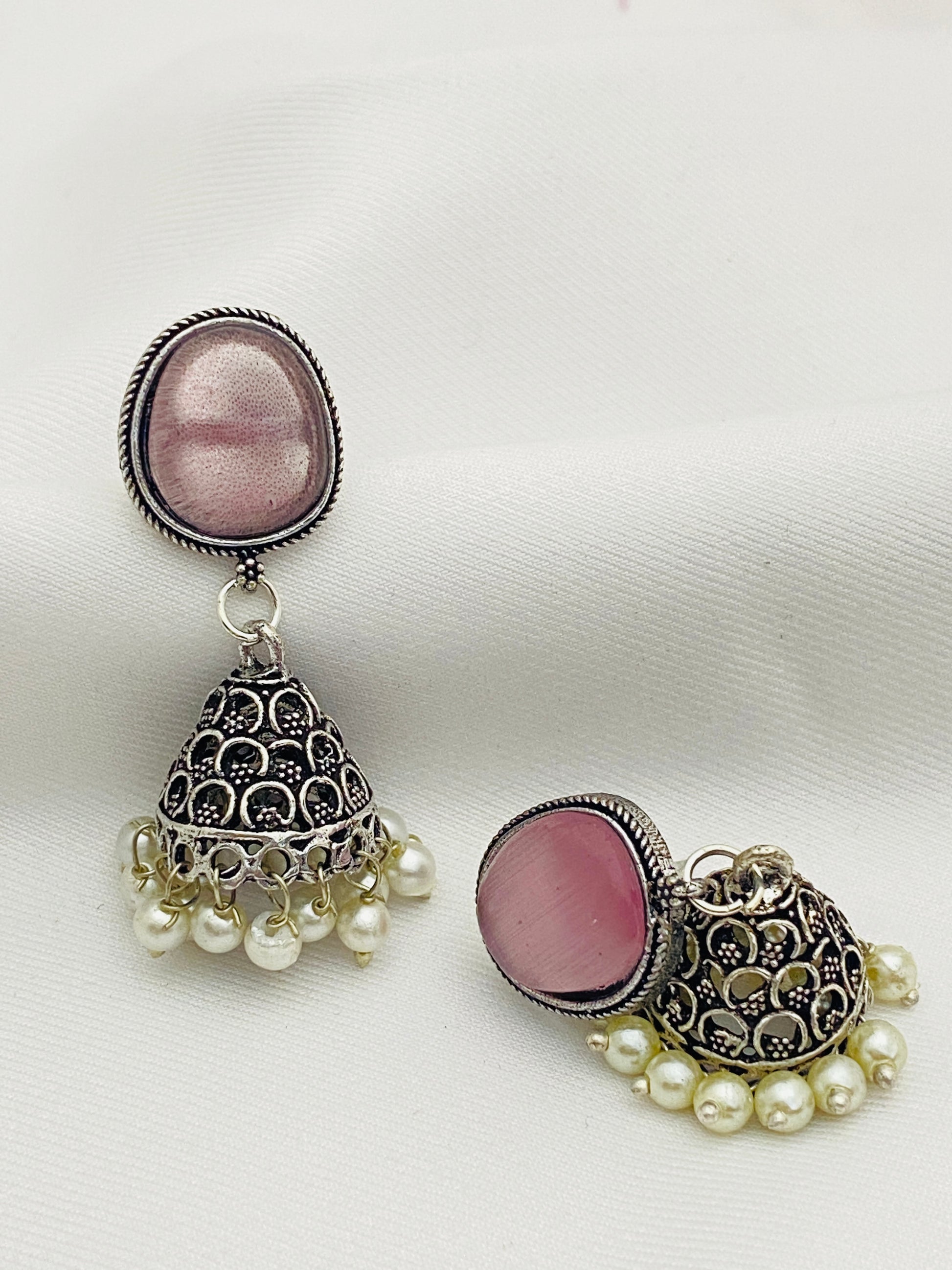 Alluring Light Pink Silver Designer Oxidized Earrings For Women In USA