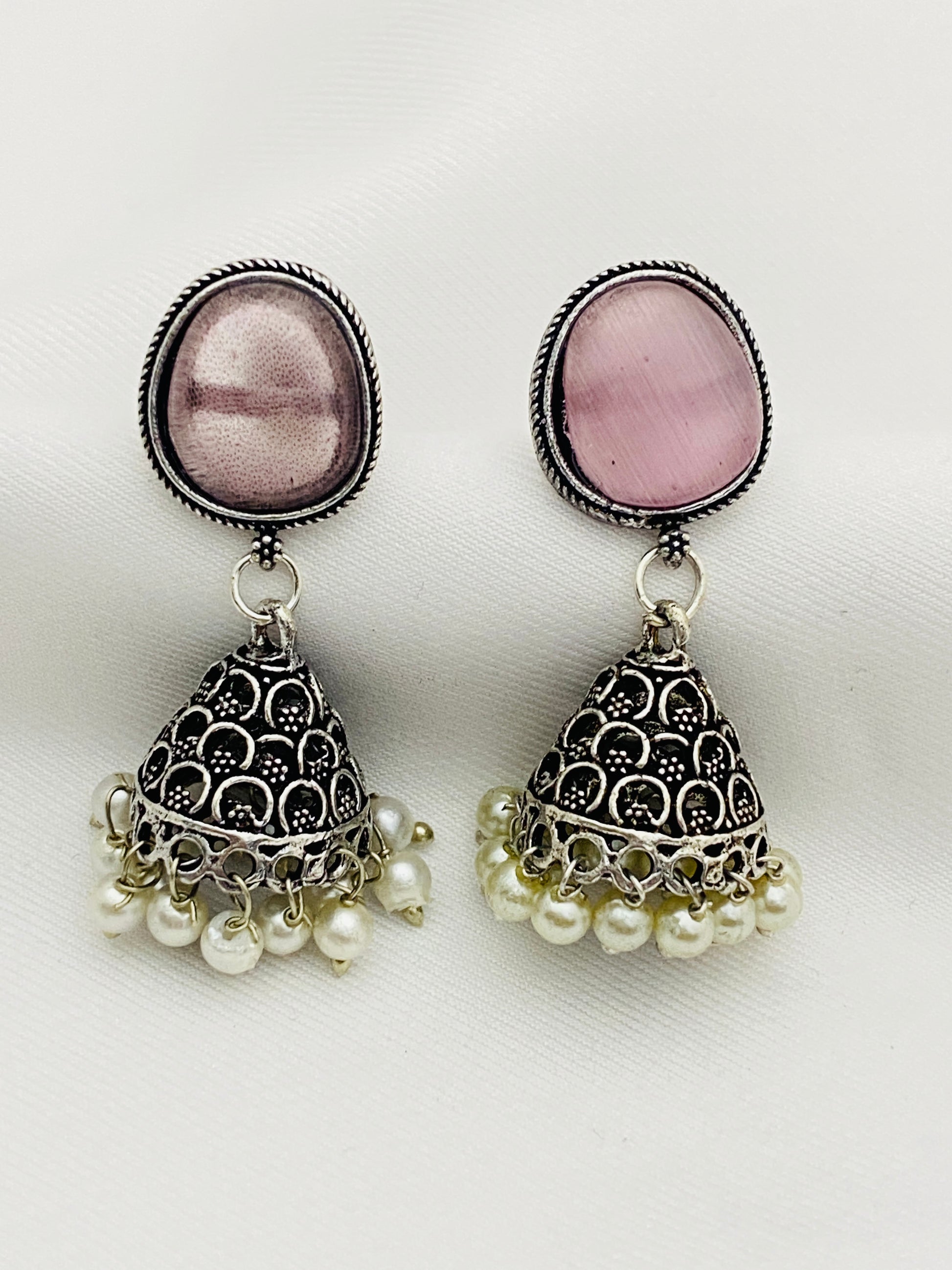 Alluring Light Pink Silver Designer Oxidized Earrings For Women