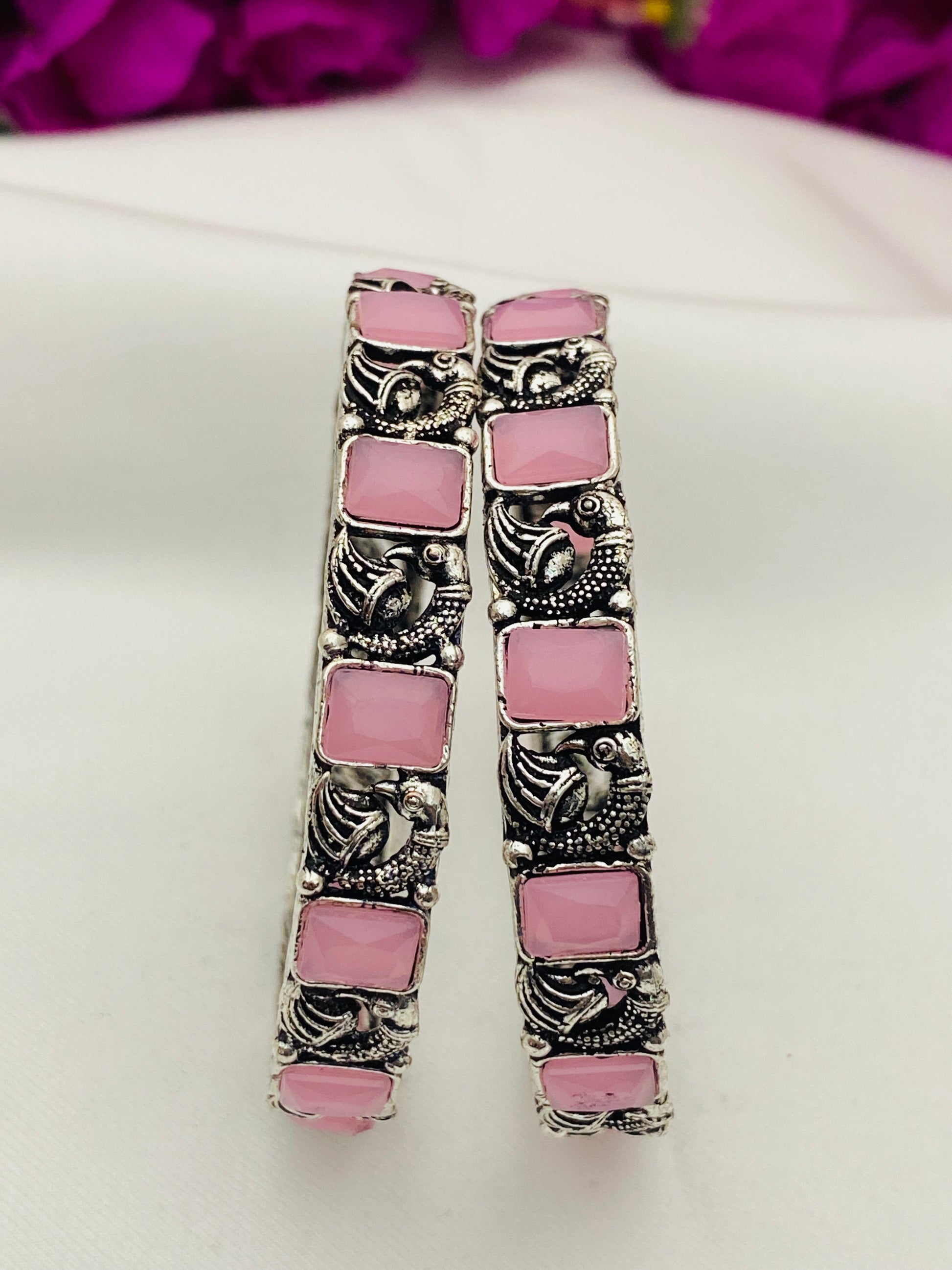 Beautiful Pink Color Oxidized Peacock Designed Bangles