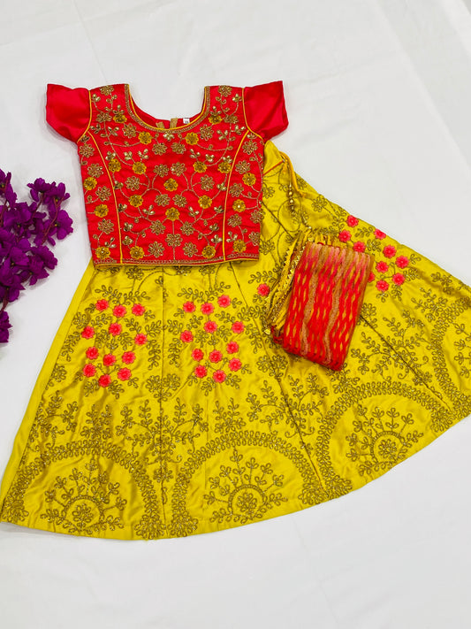 Appealing Yellow Color Satin Silk Designer Lehenga Choli With Embroidery Work For Kids