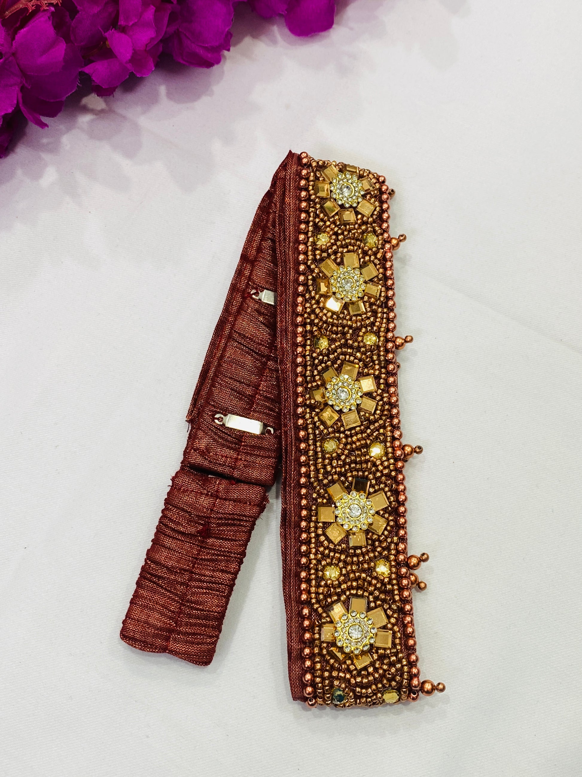 Traditional Maroon Color Saree Belt With Stone And Embroidery Work