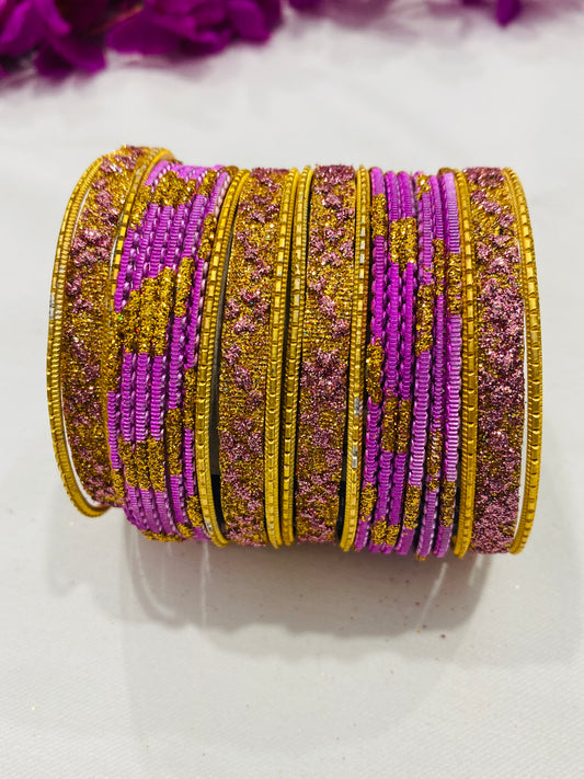 Attractive Pink Color With Gold Metal Bangle Set For Women