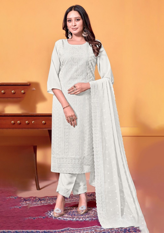 Alluring White Color Embroidery Salwar Suits With Dupatta