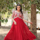 Attractive Red Color Reception Gown in Faux Blooming With Sequence Embroidery Gown