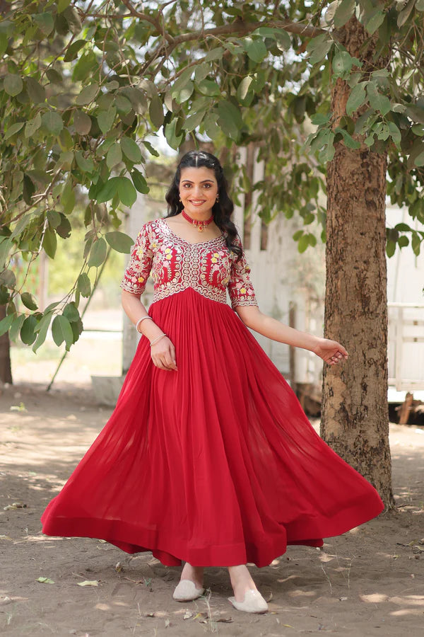 Attractive Red Color Reception Gown in Faux Blooming With Sequence Embroidery Gown